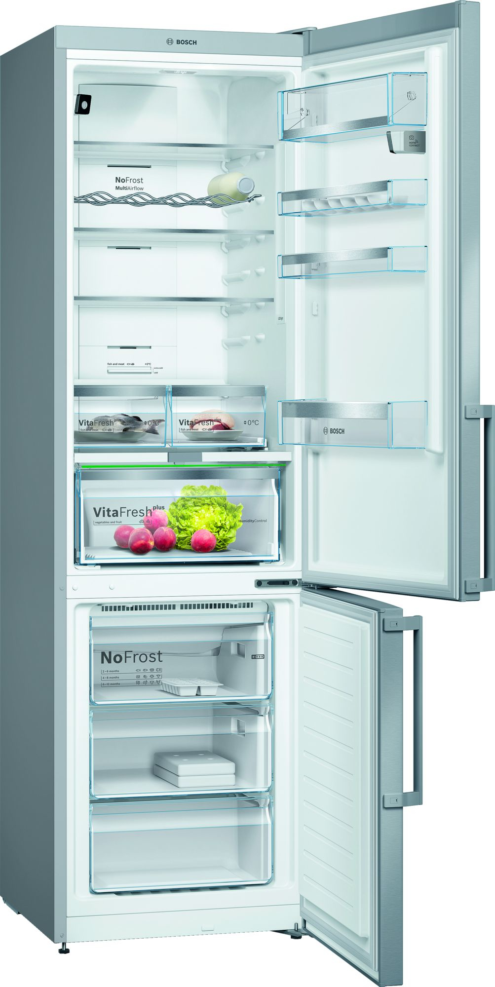 Refrigerador Bosch con puertas abiertas, muestra estantes, cajones y alimentos. Exterior plateado.