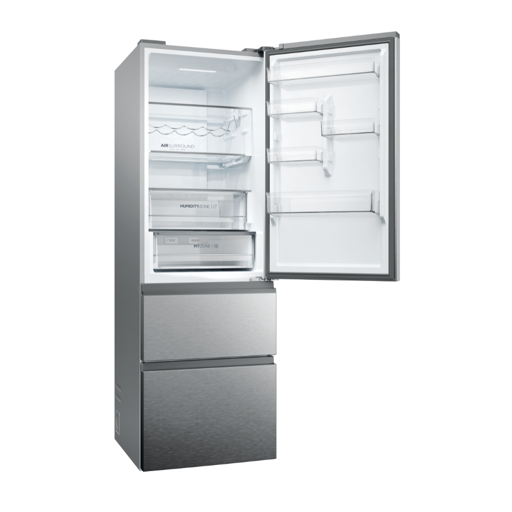 Un refrigerador plateado abierto. El refrigerador tiene tres secciones: superior, media e inferior.