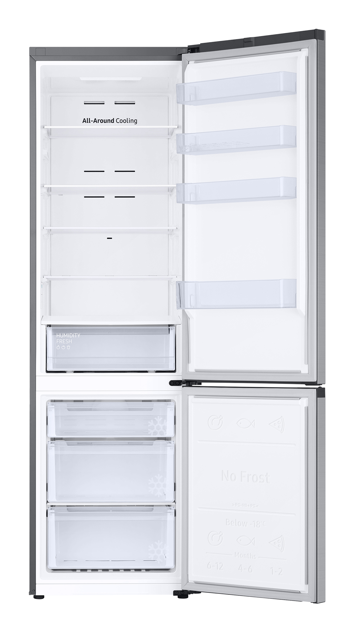 Un refrigerador abierto con estantes y cajones. La puerta izquierda está abierta.