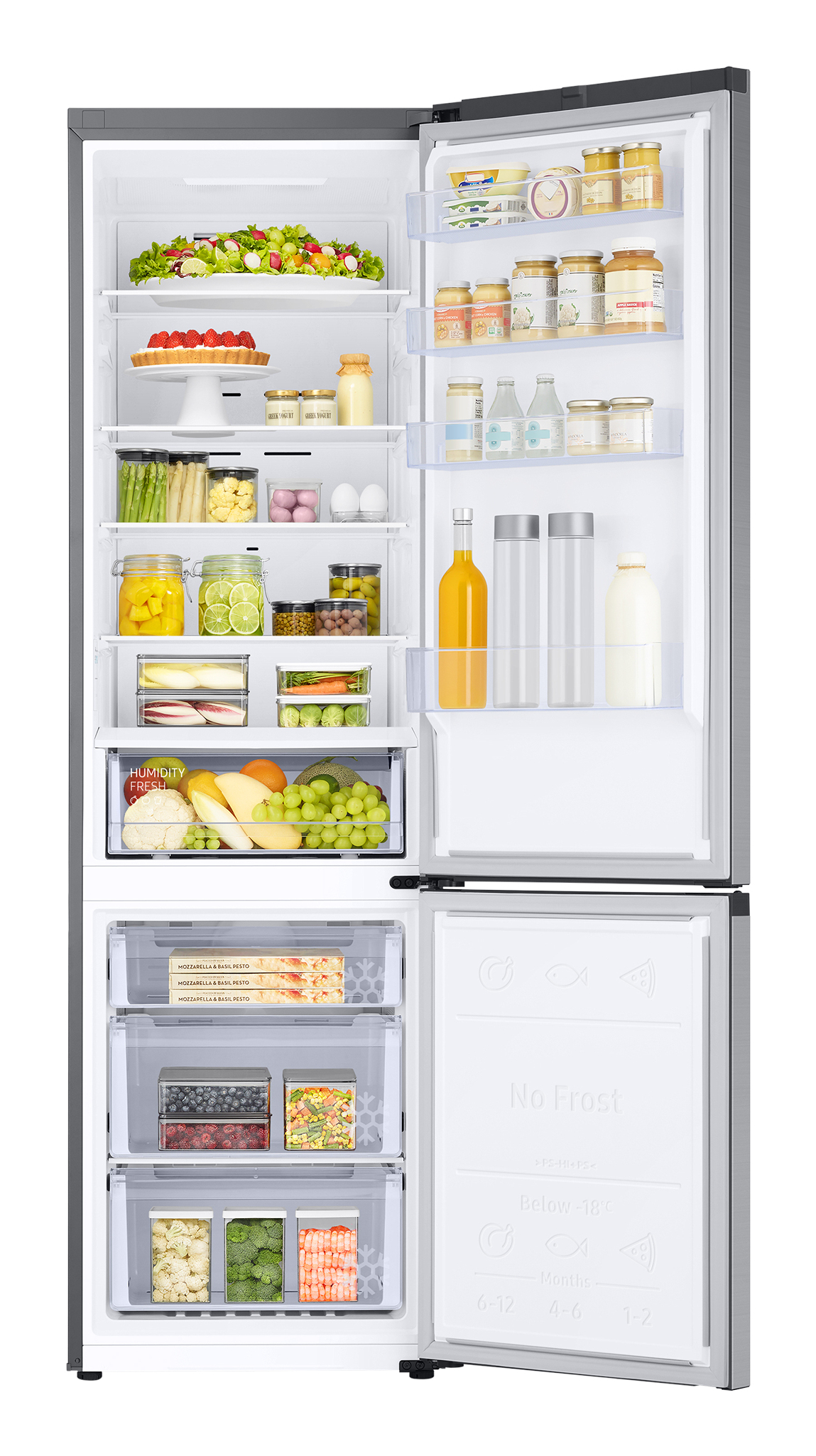 Refrigerador Samsung abierto con alimentos. Frutas, verduras y bebidas están ordenadas en su interior.