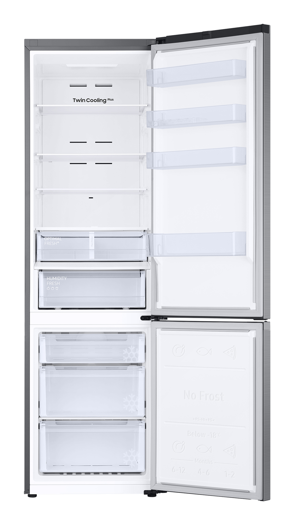 Offener Edelstahlkühlschrank mit Regalen, Schubladen und verschiedenen Lebensmitteln.