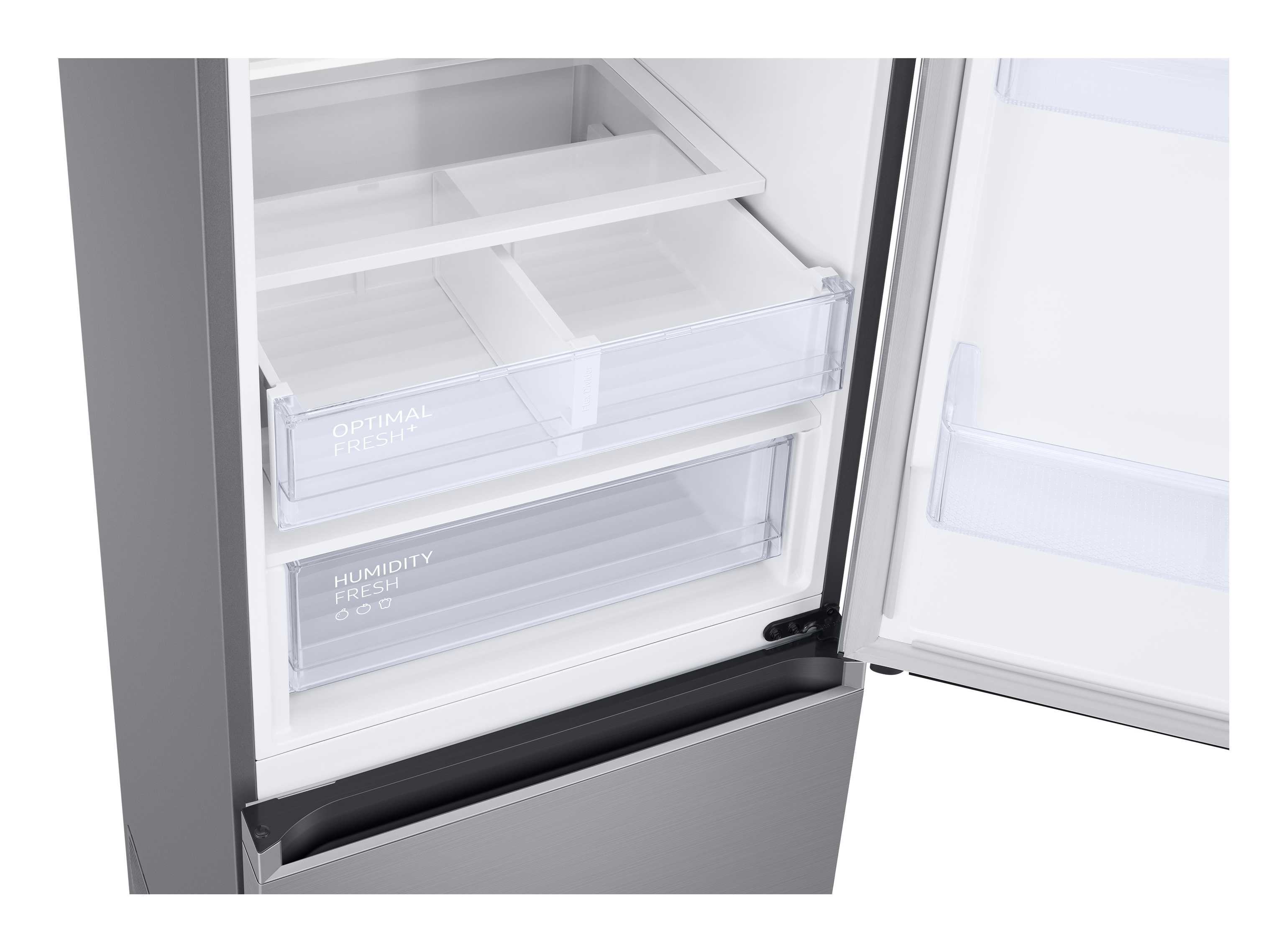 Nahaufnahme des Kühlschrankinneren, zeigt Gemüseschubladen mit den Etiketten 'Optimal Fresh+' und 'Humidity Fresh'.