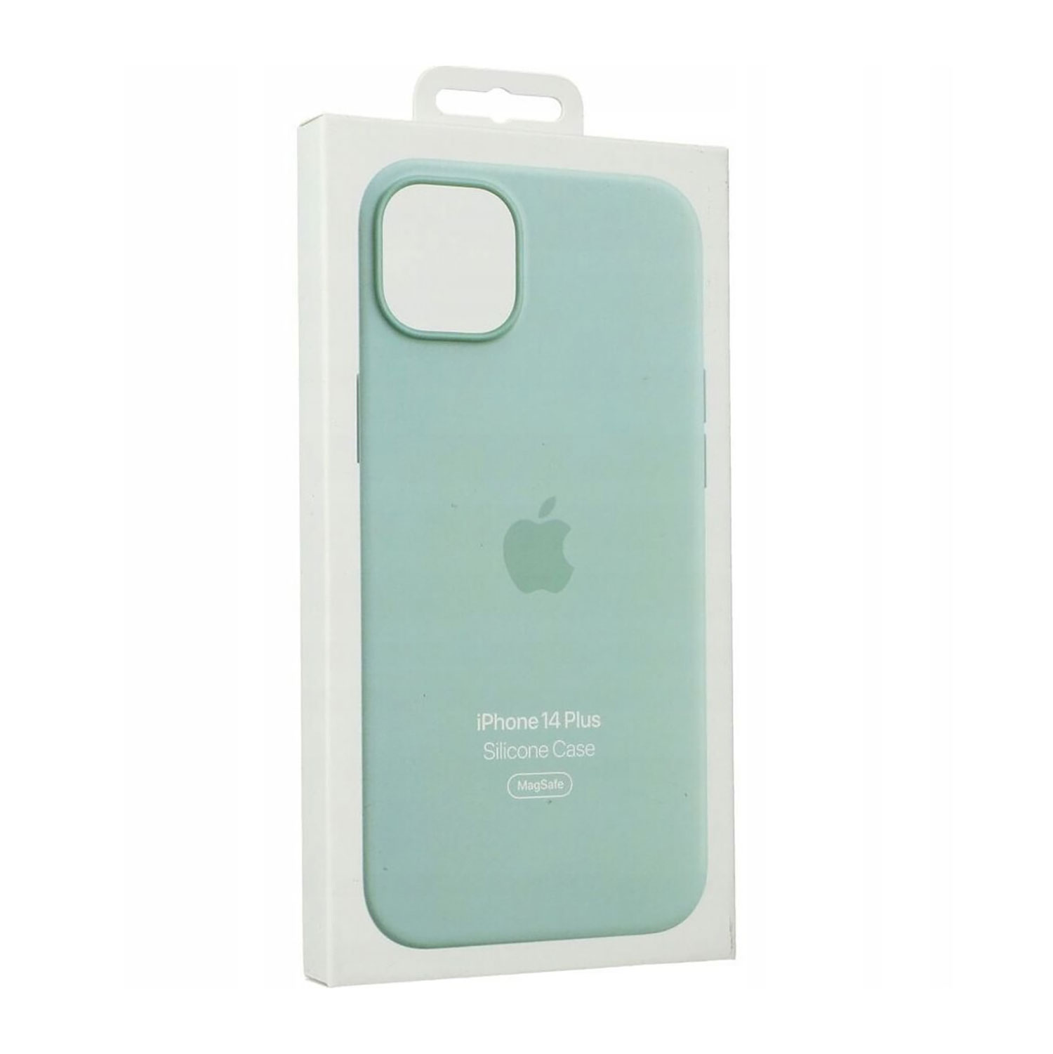 Een mintgroene iPhone-hoes in een witte doos met een doorzichtig venster.
