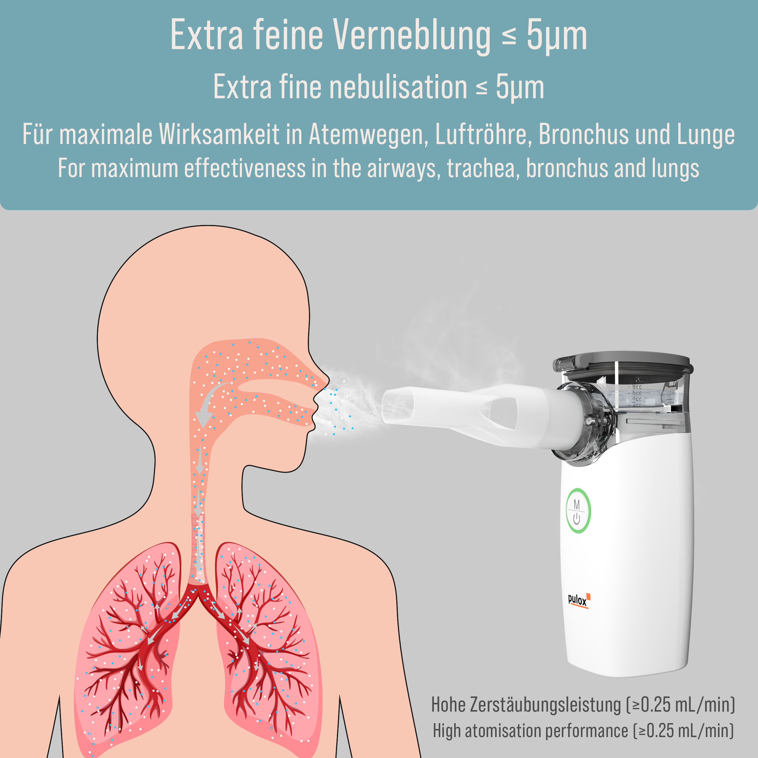 Diagramm der Lunge mit Verneblungsbehandlung und Text zur Wirksamkeit.