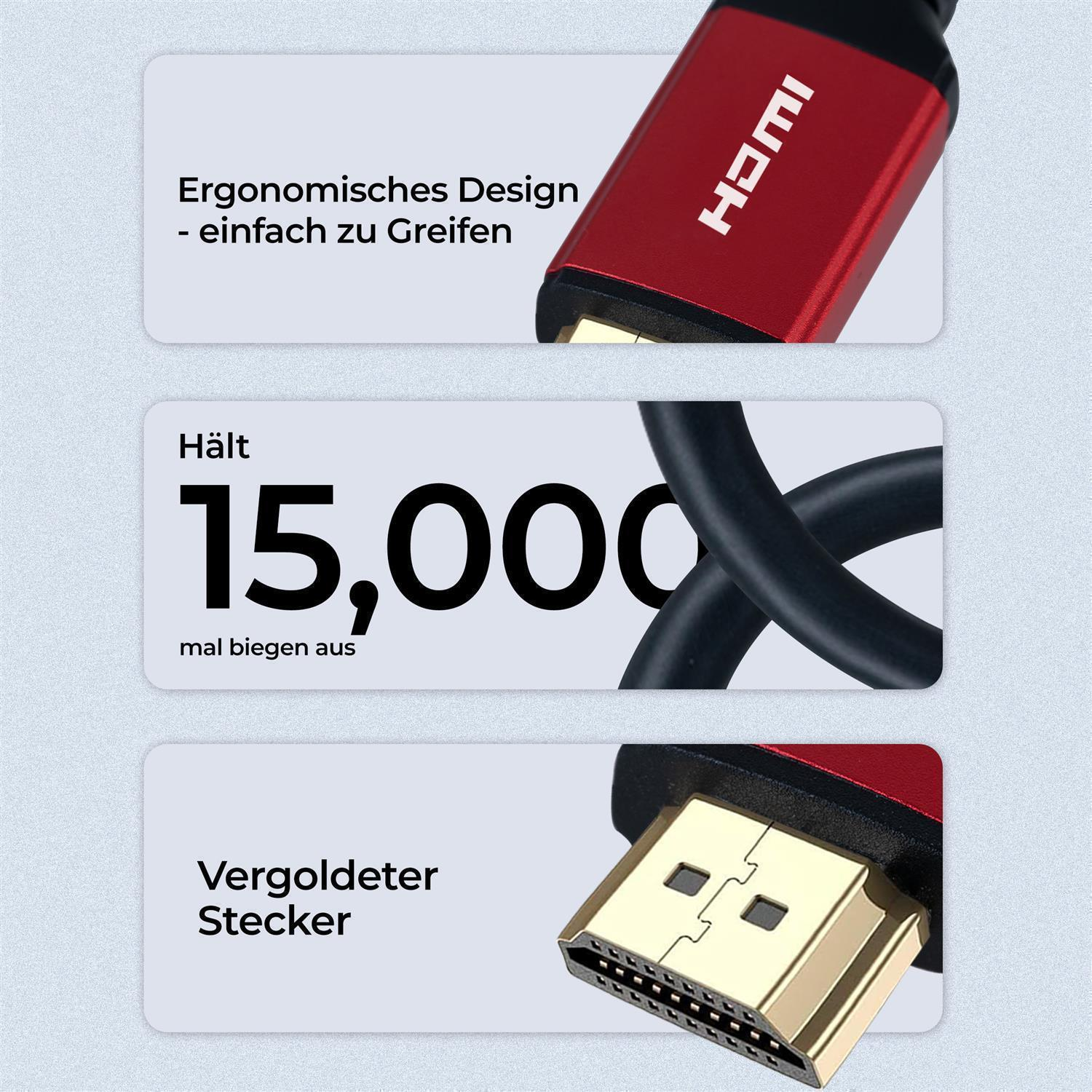 Nahaufnahme eines HDMI-Kabels. Es zeigt das rote und schwarze Kabel und den vergoldeten Stecker.