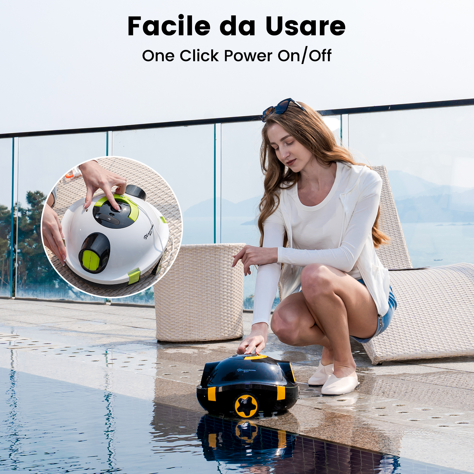 Donna che utilizza un pulitore per piscine robotizzato. Il pulitore è nero e giallo. La scena è all'aperto con una piscina.