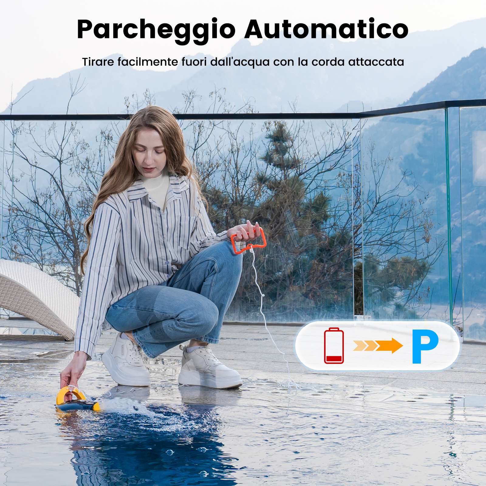 Una donna si inginocchia vicino a una piscina, pulendola con una macchina.