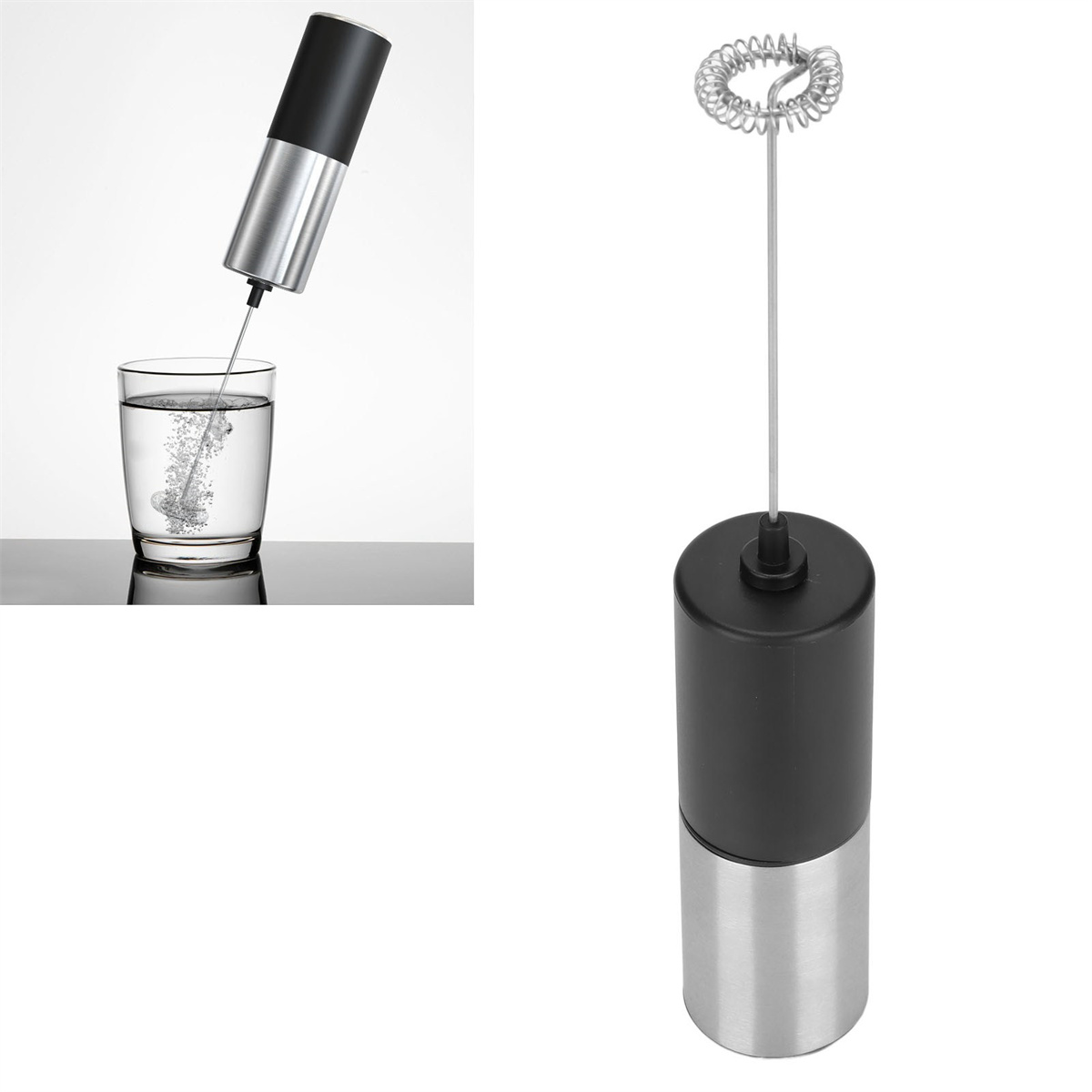 Milchaufschäumer in Gebrauch. Aufschäumer in einem Glas Wasser. Schwarz-Silber Design.