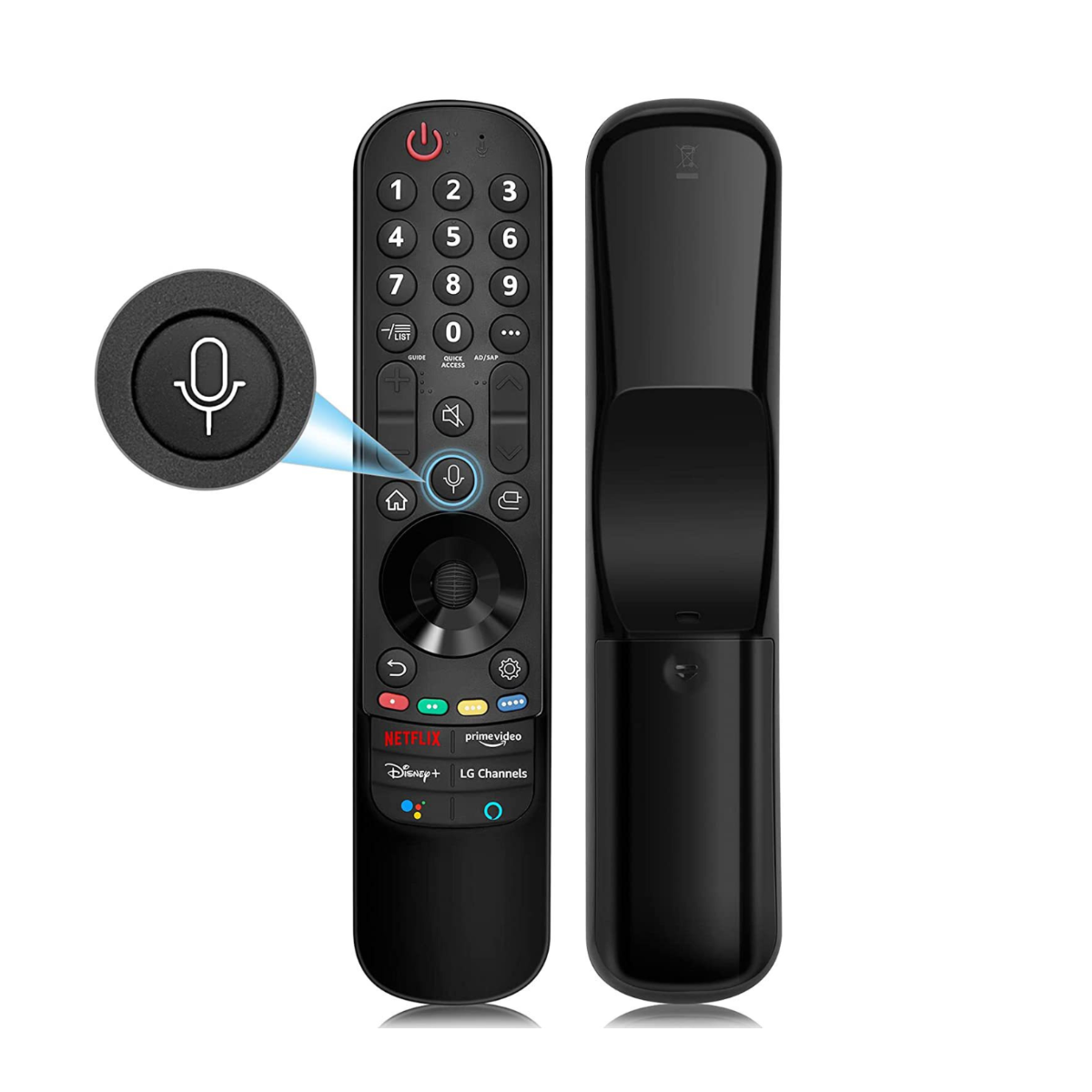 Zwei schwarze LG TV-Fernbedienungen. Eine zeigt die Vorderseite mit Tasten, einschließlich hervorgehobener Mikrofontaste. Die andere ist die Rückseite.