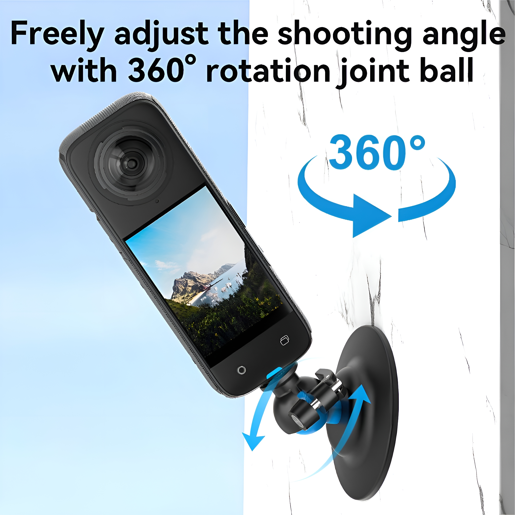 Eine schwarze Kamera auf einem Drehgelenk, blaue Pfeile zeigen die 360°-Drehung.