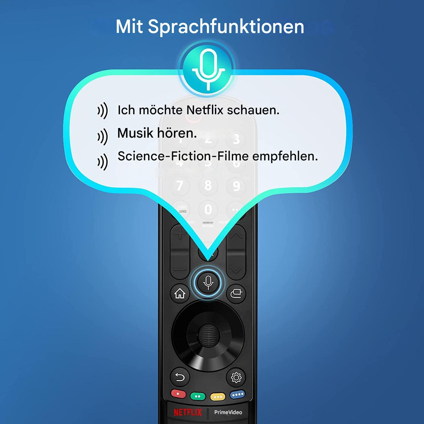Schwarze Fernbedienung mit Sprachfunktion und Textanzeige auf blauem Hintergrund.