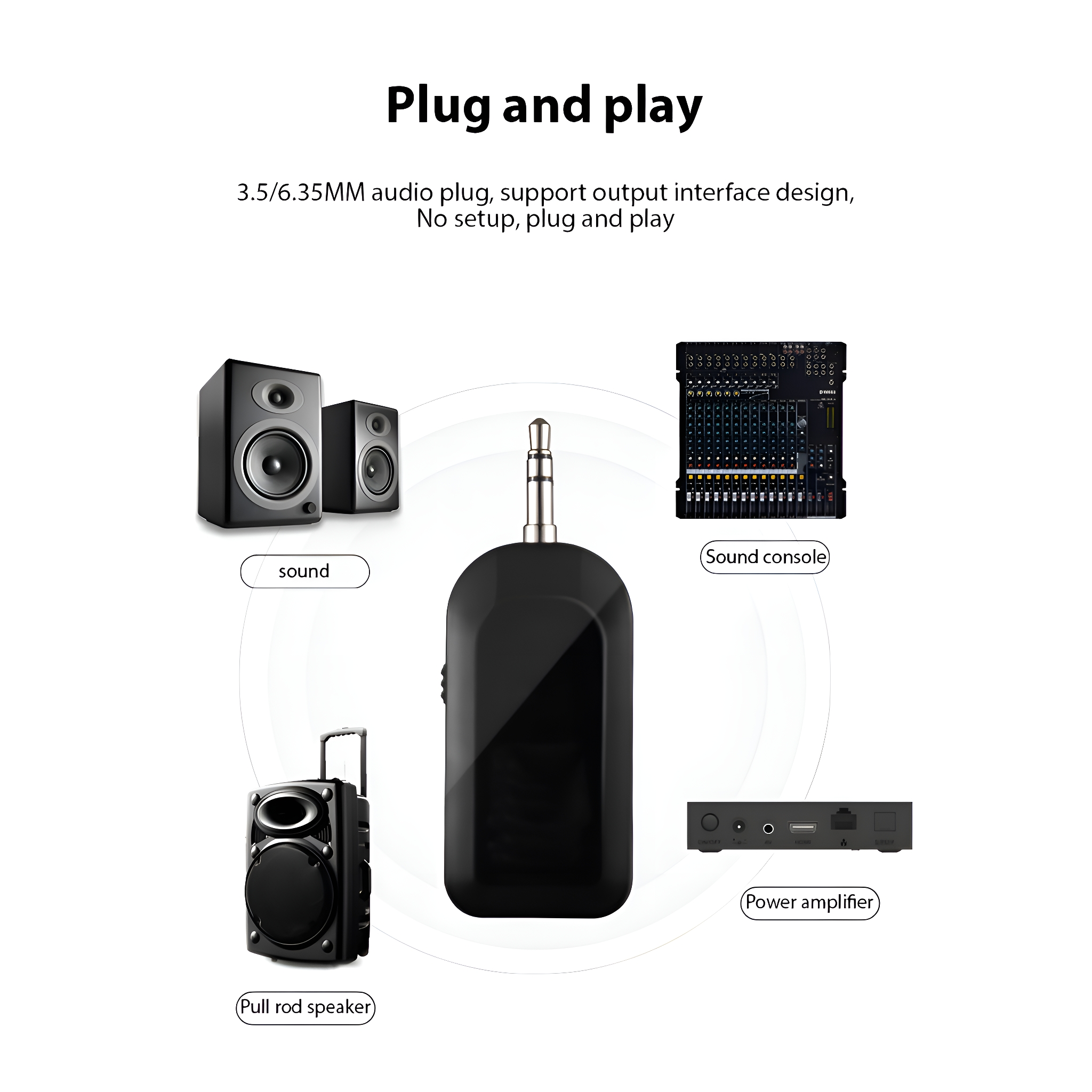 Schwarzes Audiogerät mit Lautsprechern und einer Soundkonsole, einem Leistungsverstärker und einem Rollenlautsprecher.