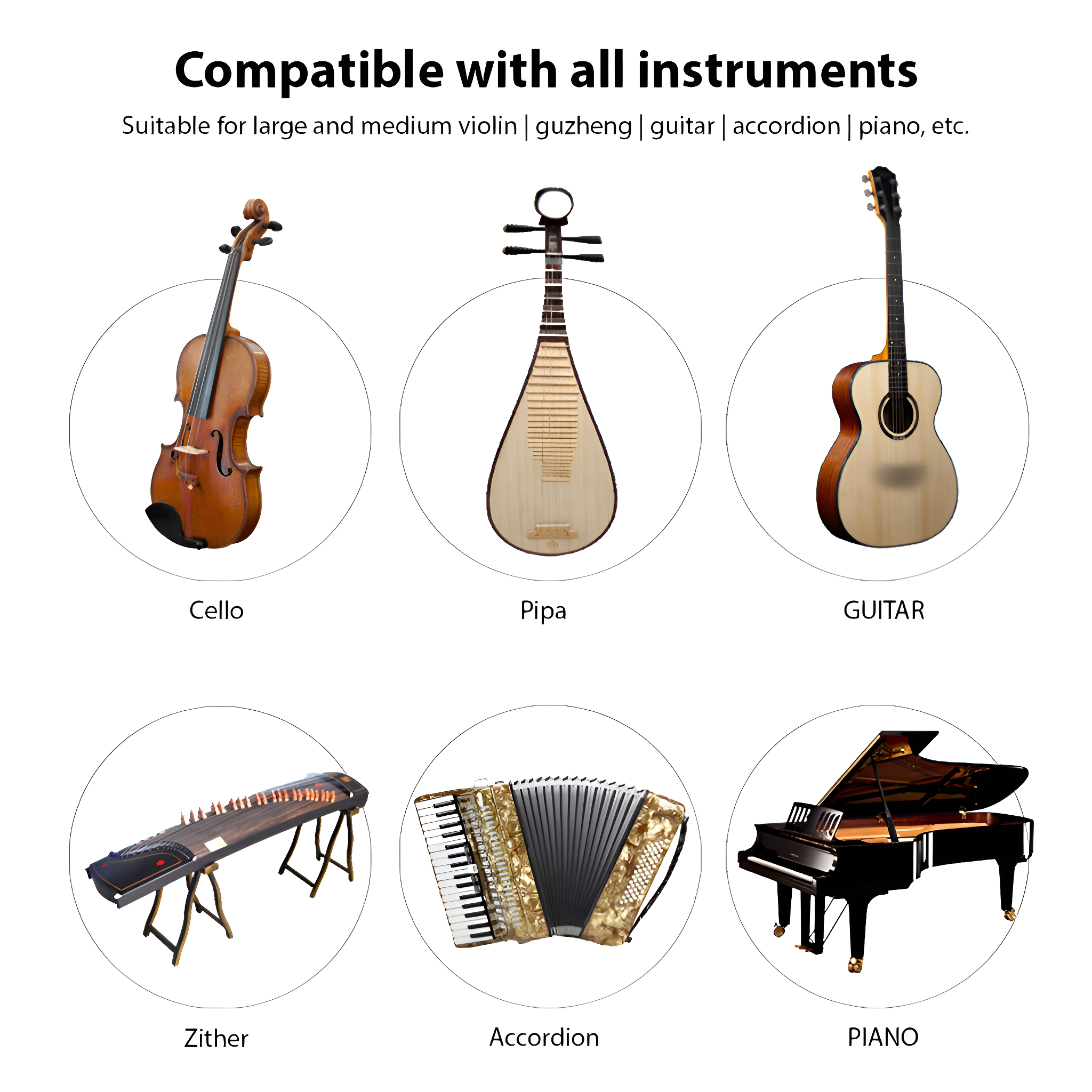 Sechs Musikinstrumente: Cello, Pipa, Gitarre, Zither, Akkordeon und Klavier.