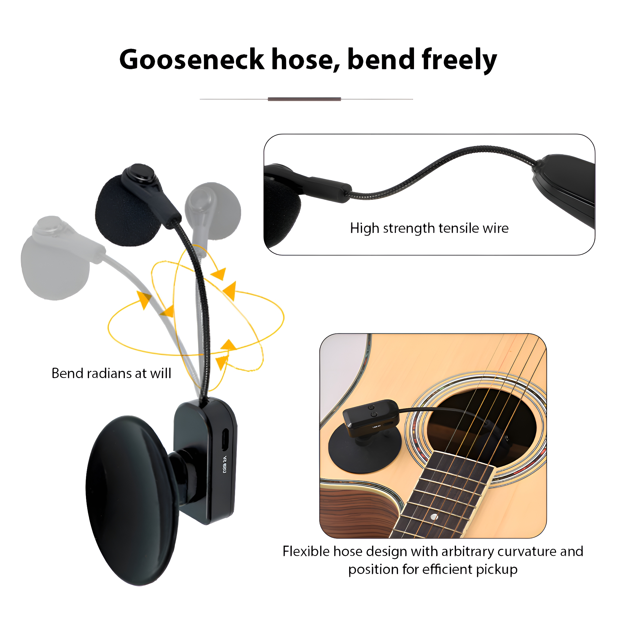 Diagramm eines biegsamen Mikrofons für eine Gitarre, mit Nahaufnahmen und Gitarre.