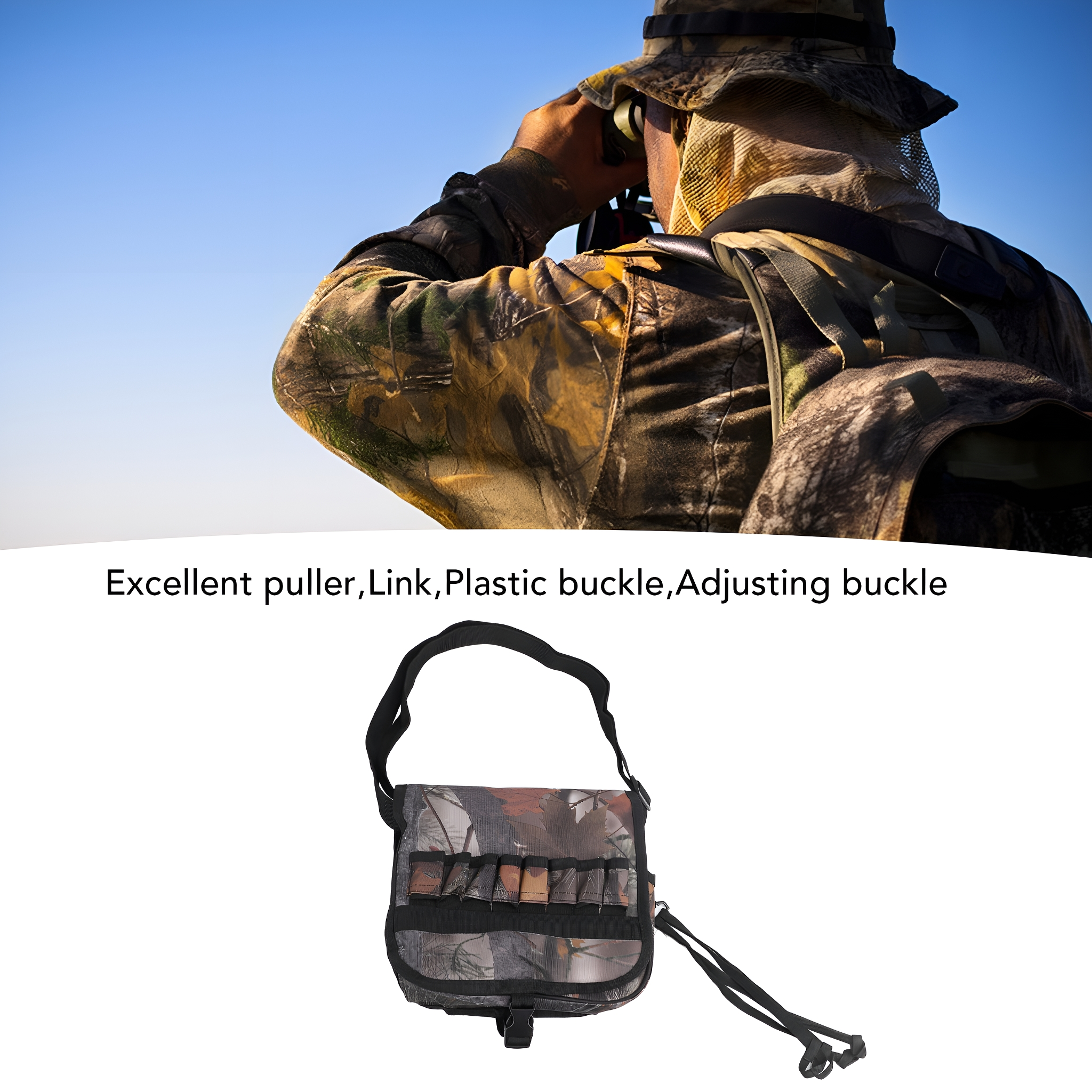 Eine Person blickt durch ein Fernglas. Eine Camouflage-Tasche mit Taschen und blauer Himmel.