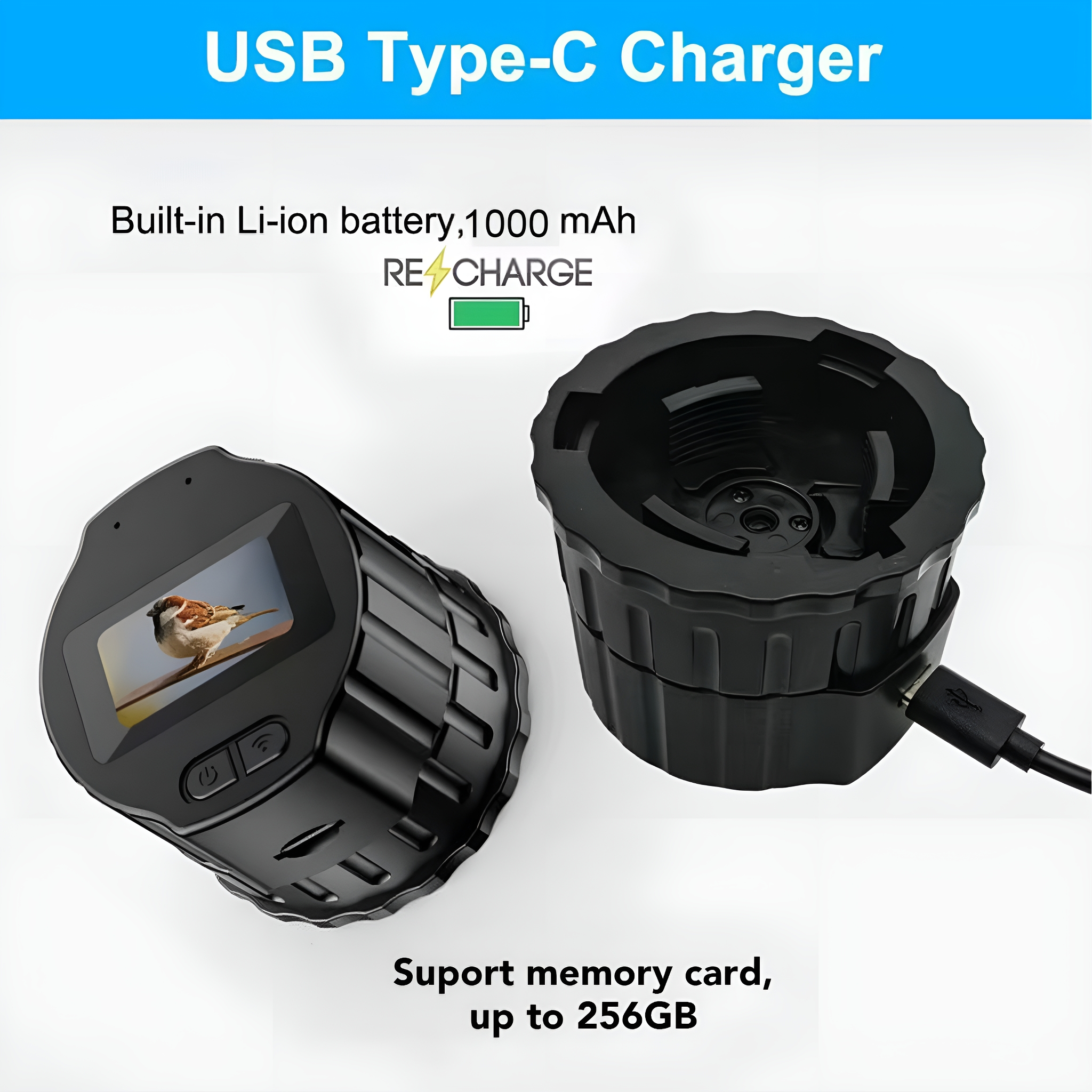 Kompakte Kamera mit Ladestation und Kabel. Liest: USB Typ-C Ladegerät.