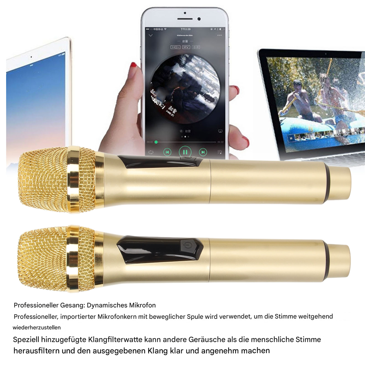 Zwei goldene Mikrofone mit Telefon, Tablet und Laptop im Hintergrund.