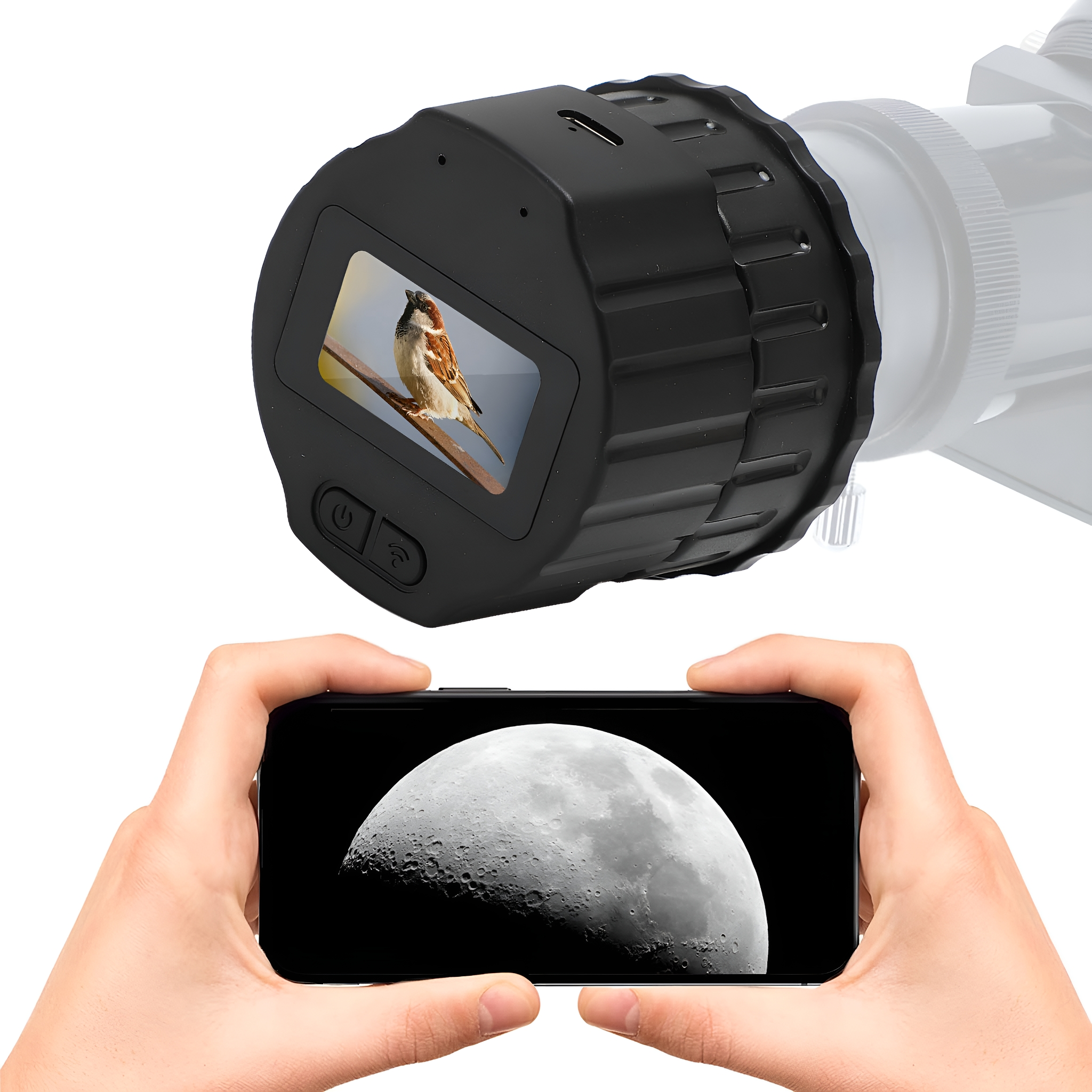 Fernglas-Kamera. Bildschirm zeigt Vogel. Telefon zeigt Mond. Weißer Hintergrund.