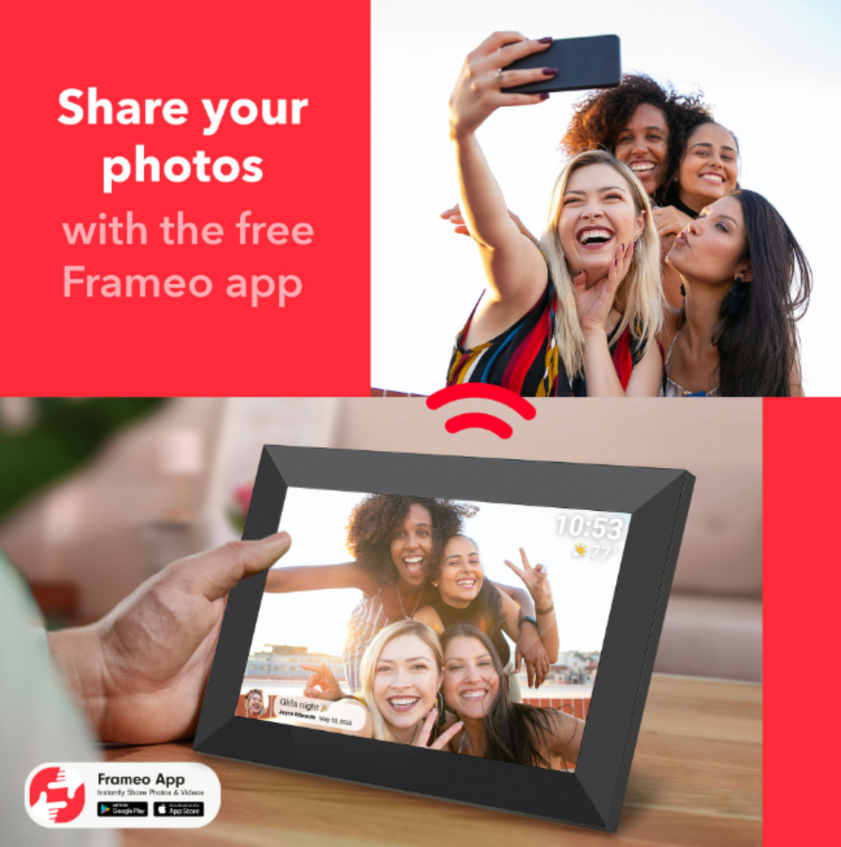 Frauen machen Selfies und ein digitaler Fotorahmen mit Fotos von Freunden auf rotem Hintergrund.