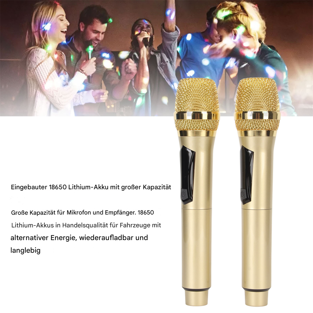 Zwei goldene Mikrofone, Personen im Hintergrund und deutscher Text.