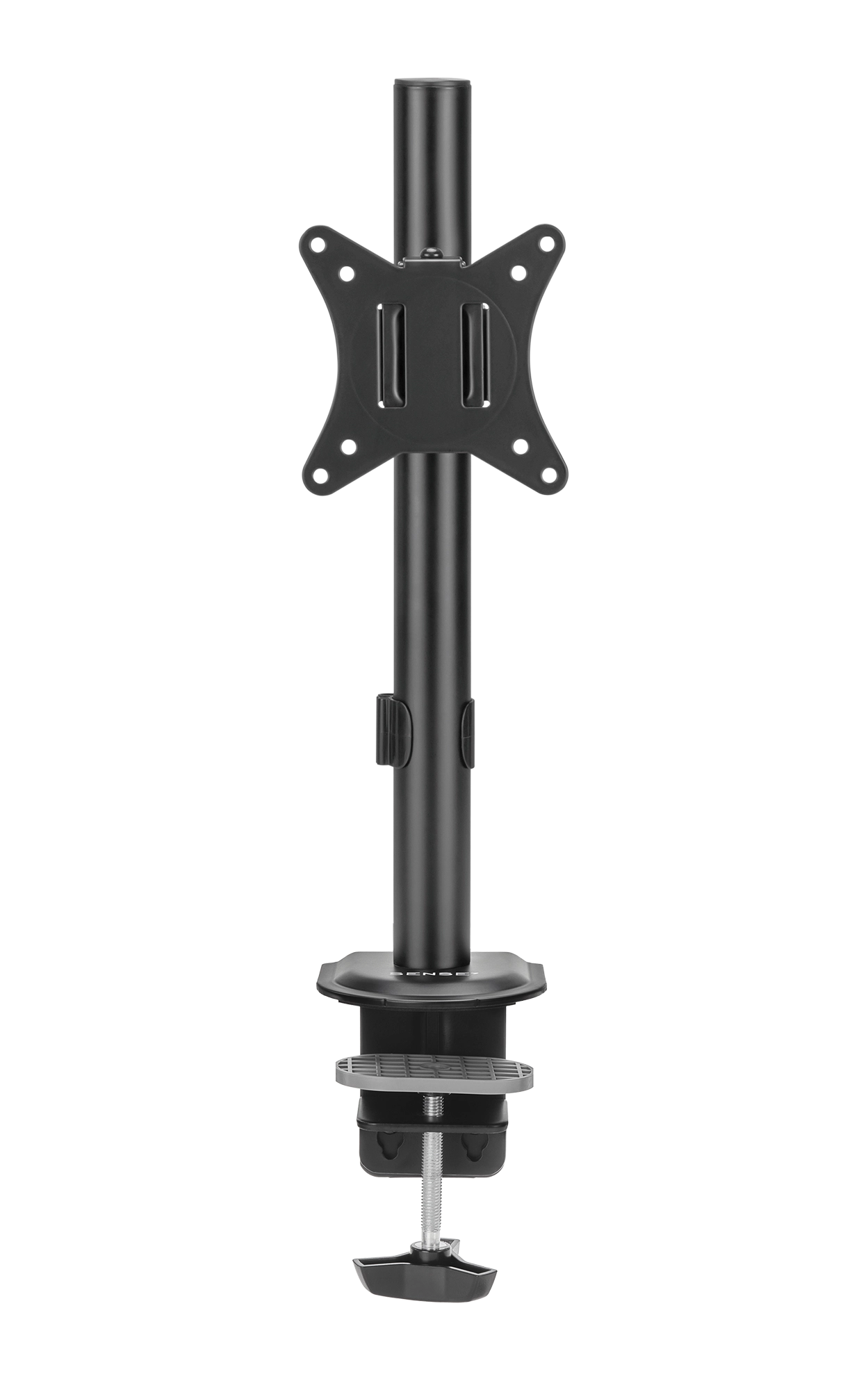 Supporto monitor nero. Ha un morsetto, un palo e una piastra.