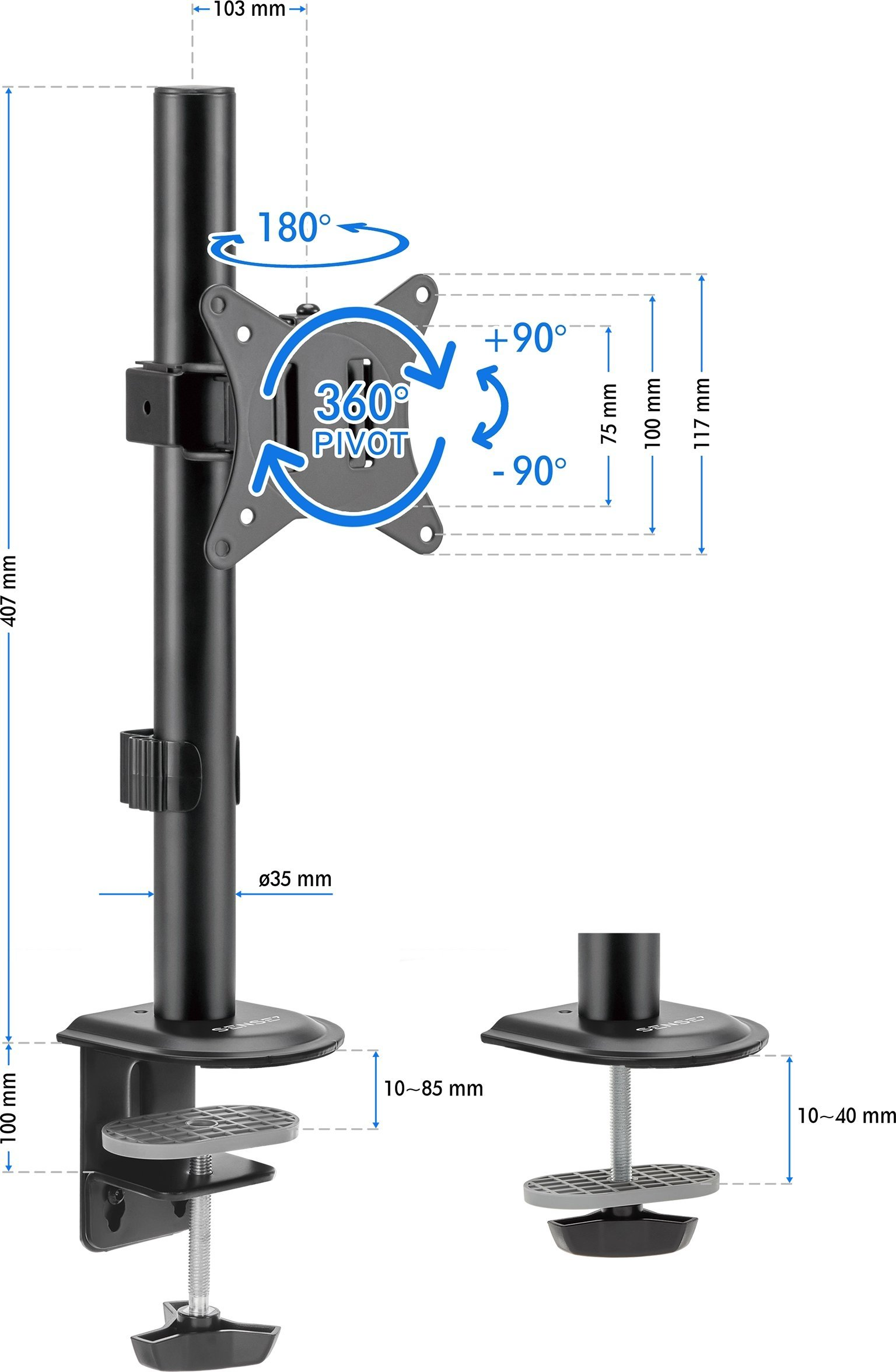 Supporto monitor con misure, colore nero e base a morsetto. Mostra i gradi di rotazione.