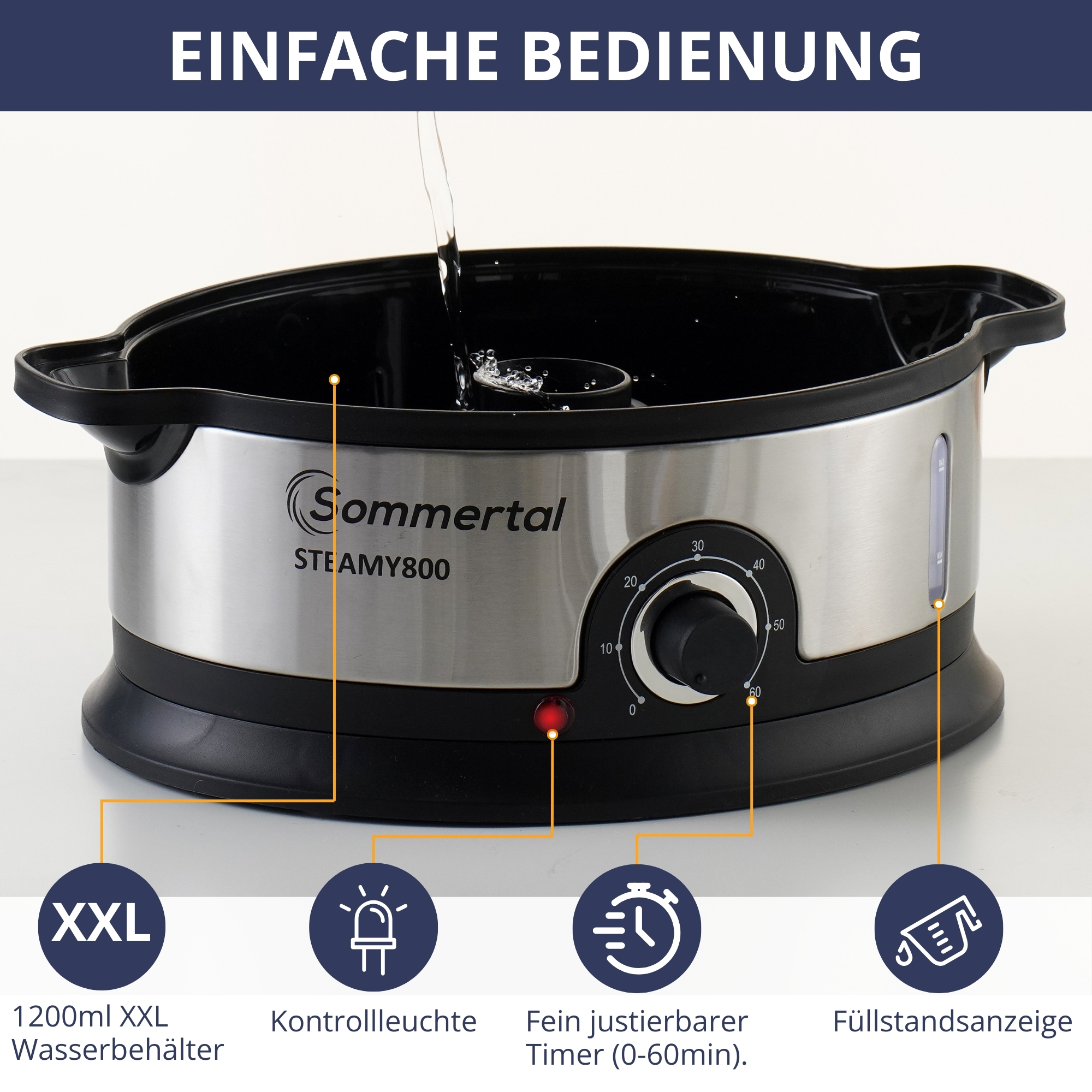 Ein silbernes und schwarzes Gerät mit schwarzer Oberseite, Wasser gießt in den schwarzen Behälter.