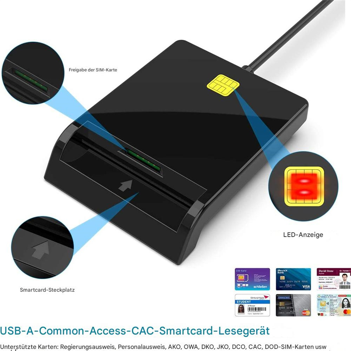 Schwarzes Smartcard-Lesegerät mit SIM-Karten-Slot und USB-A-Anschluss.