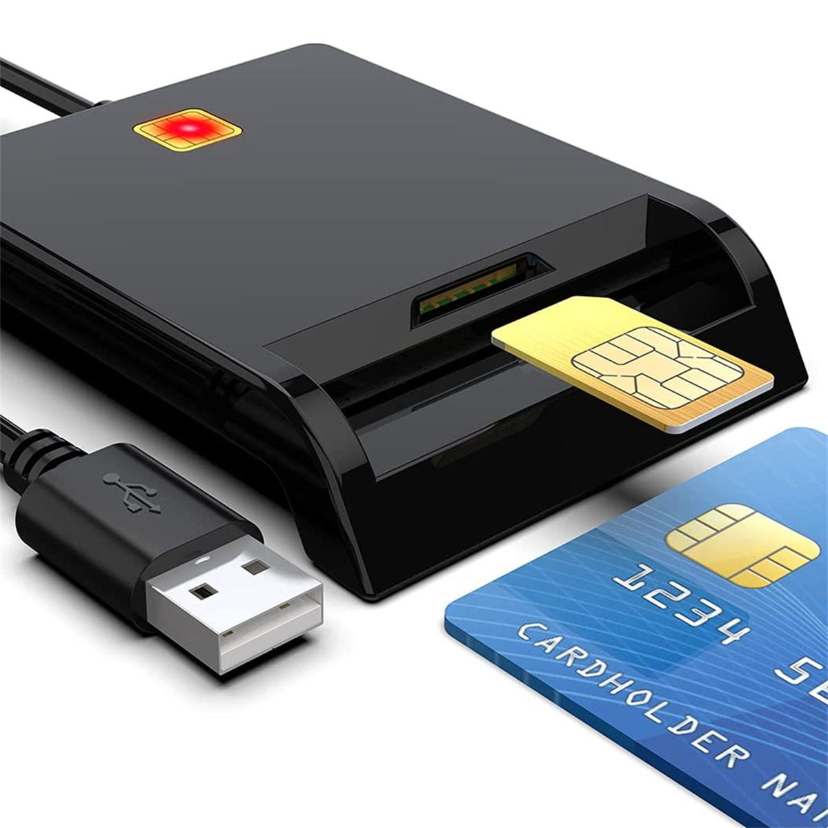 Schwarzes Kartenlesegerät mit USB-Kabel, SIM-Karte und Kreditkarte auf weißer Oberfläche.