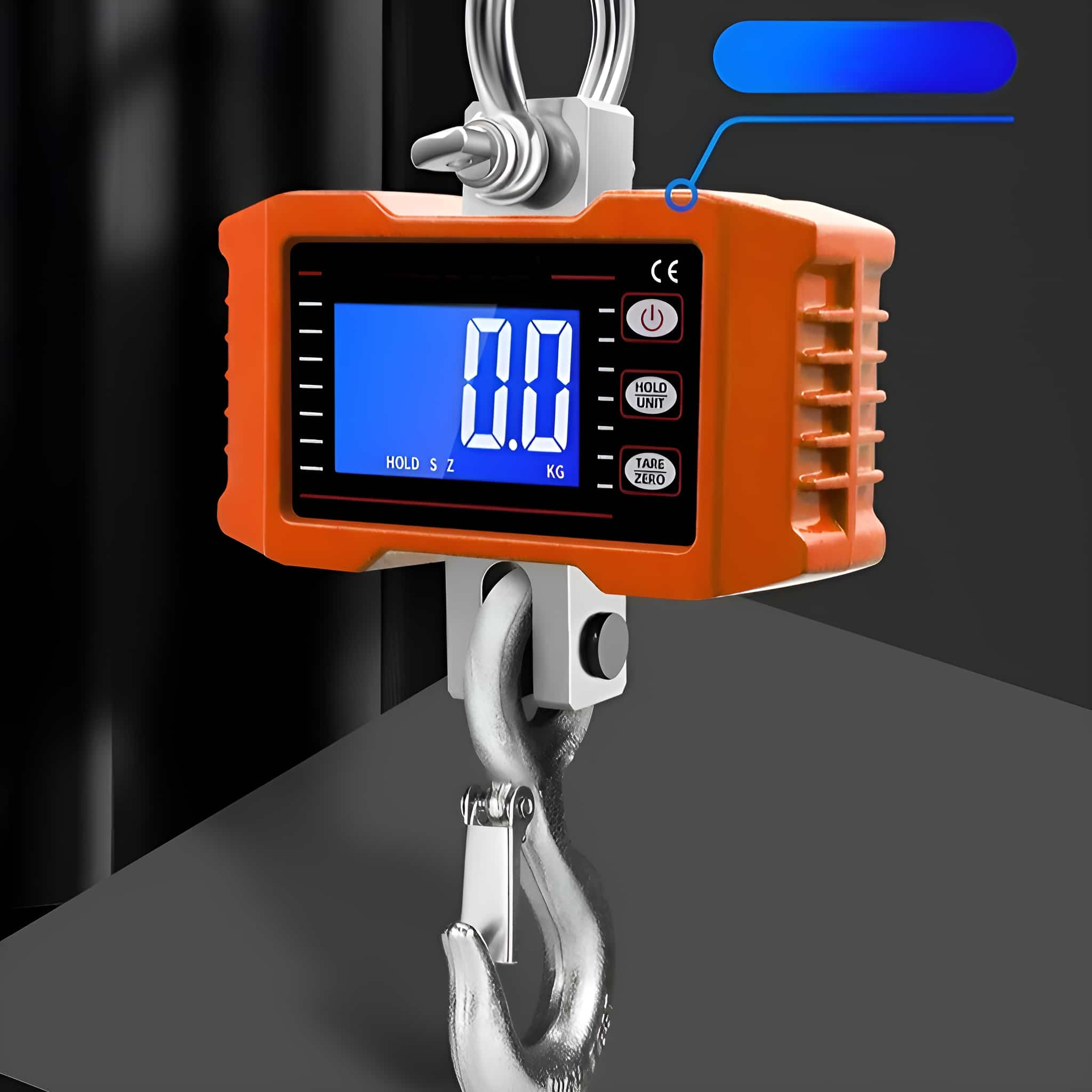 Orangene digitale Hängewaage mit Display, Haken und Knöpfen.