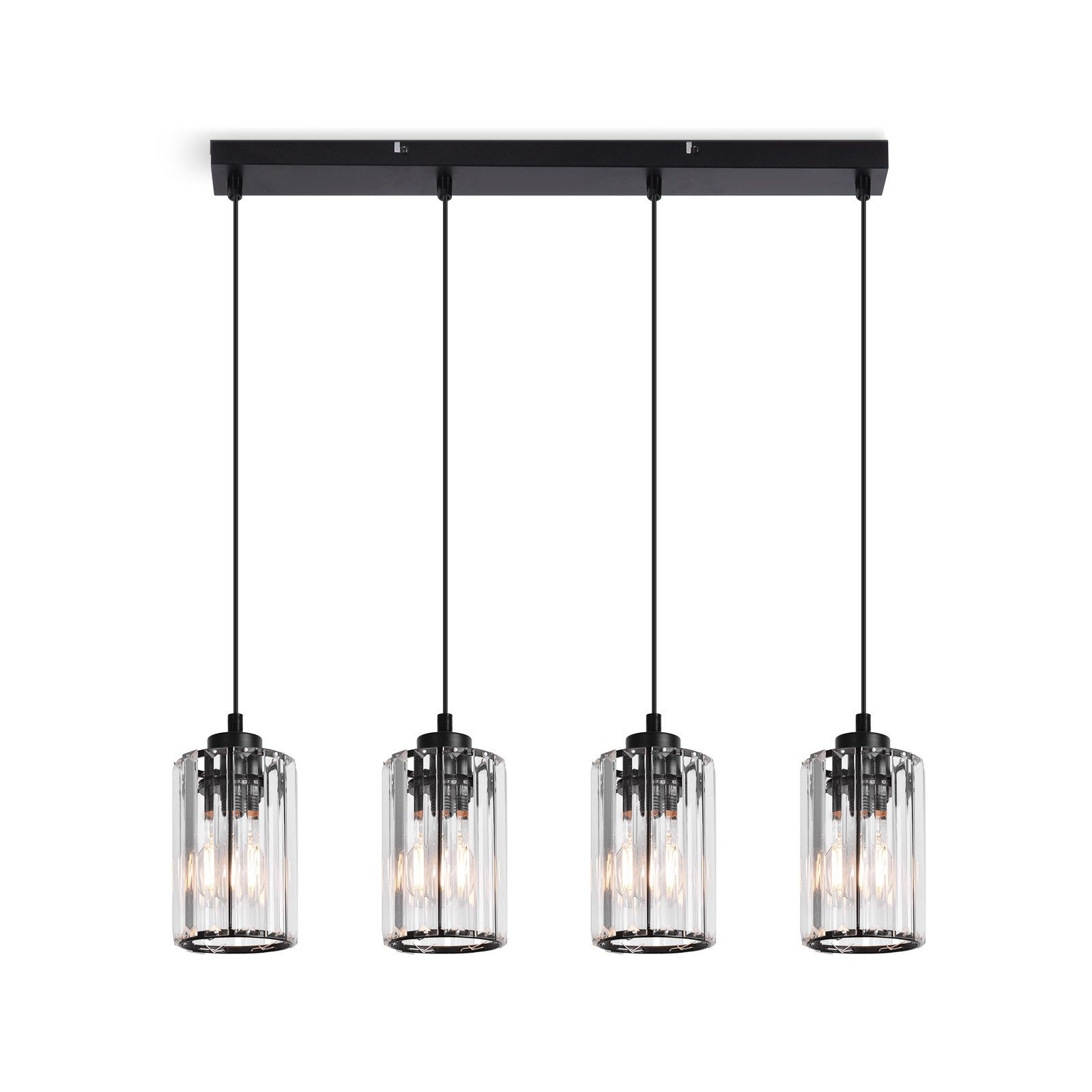 Cztery lampy wiszące z przezroczystymi szklanymi kloszami, wiszące z czarnego paska.