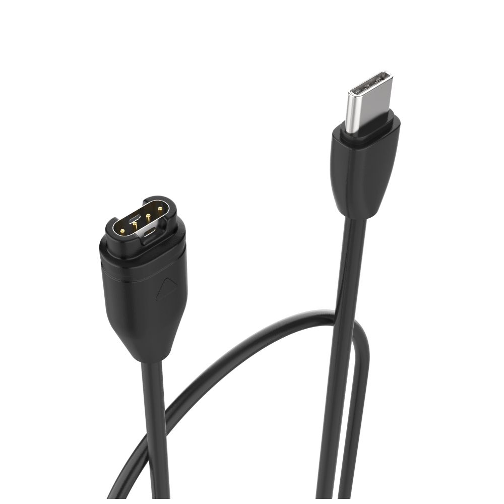Schwarzes Ladekabel mit USB-C-Anschluss und Ladeanschluss, auf weißem Hintergrund.