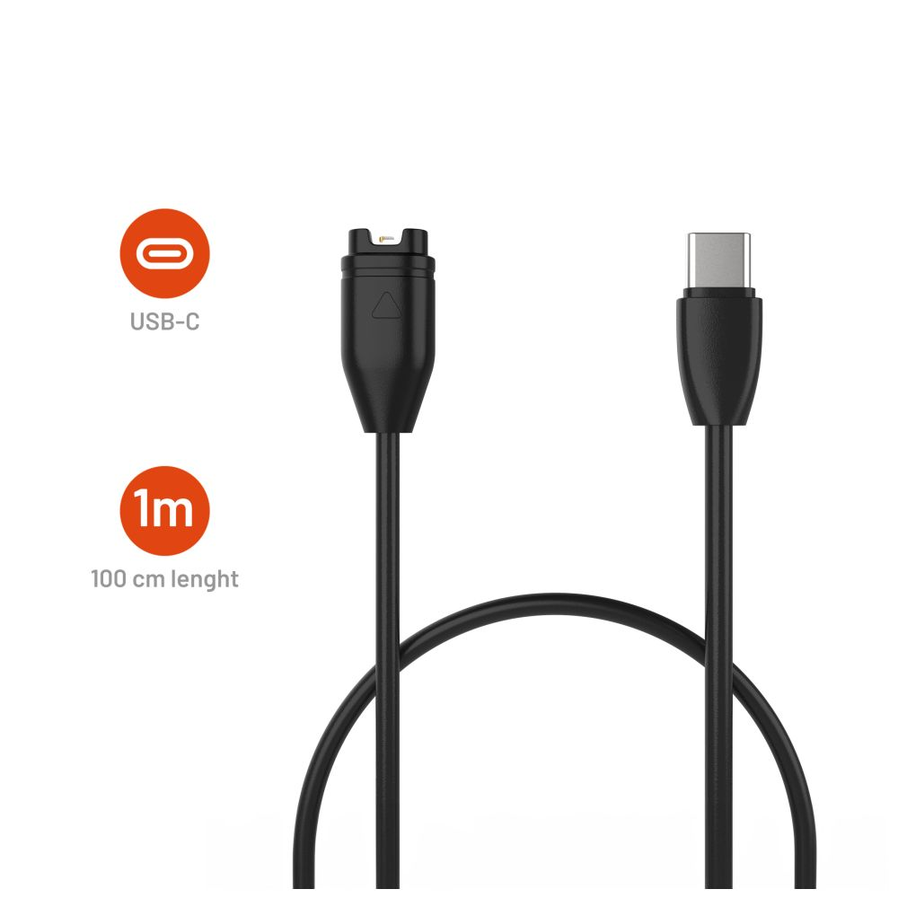 Schwarzes USB-C-Kabel mit 100 cm Länge, mit USB-C und einem anderen Anschluss.