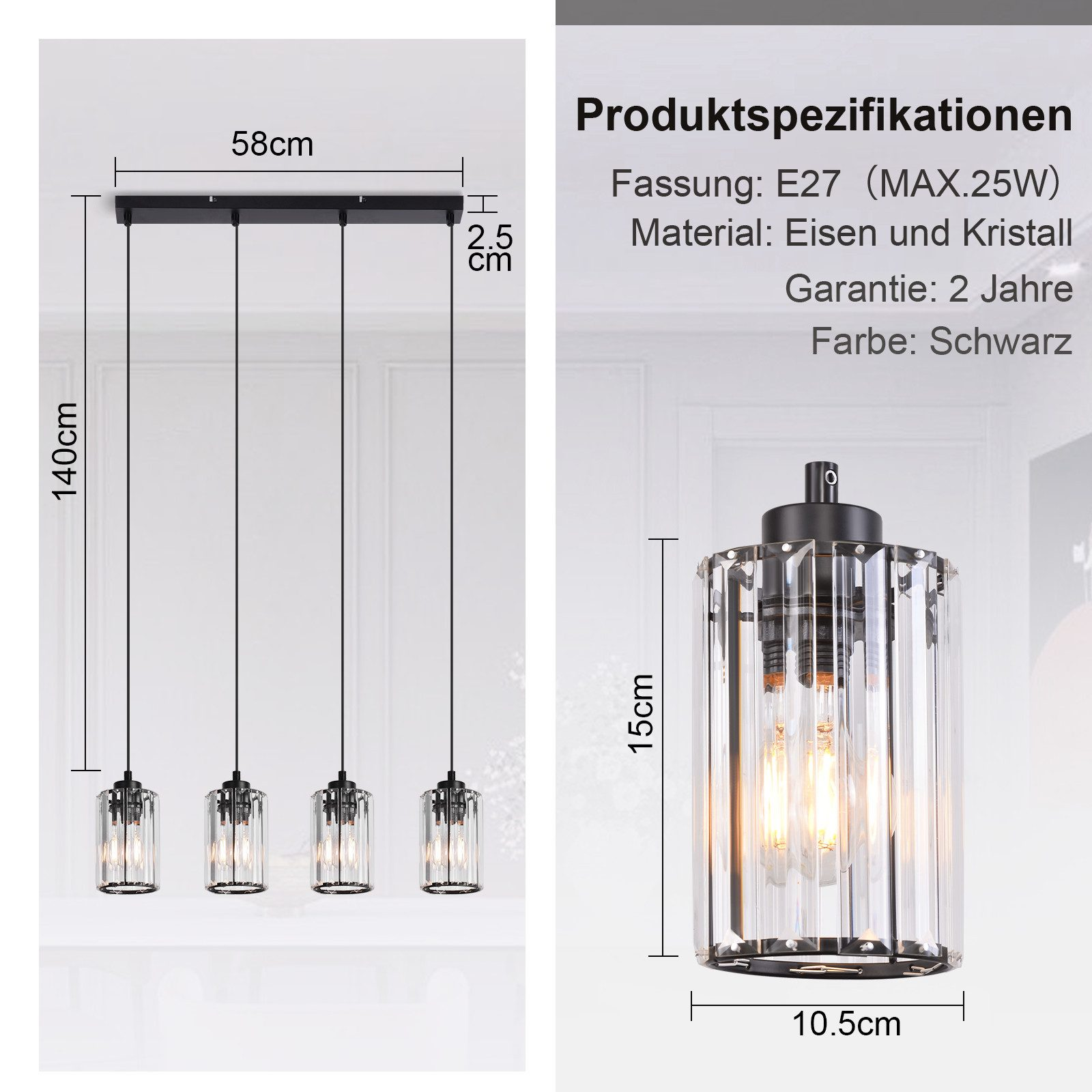 Schemat przedstawiający lampę wiszącą i jej wymiary. Białe tło.