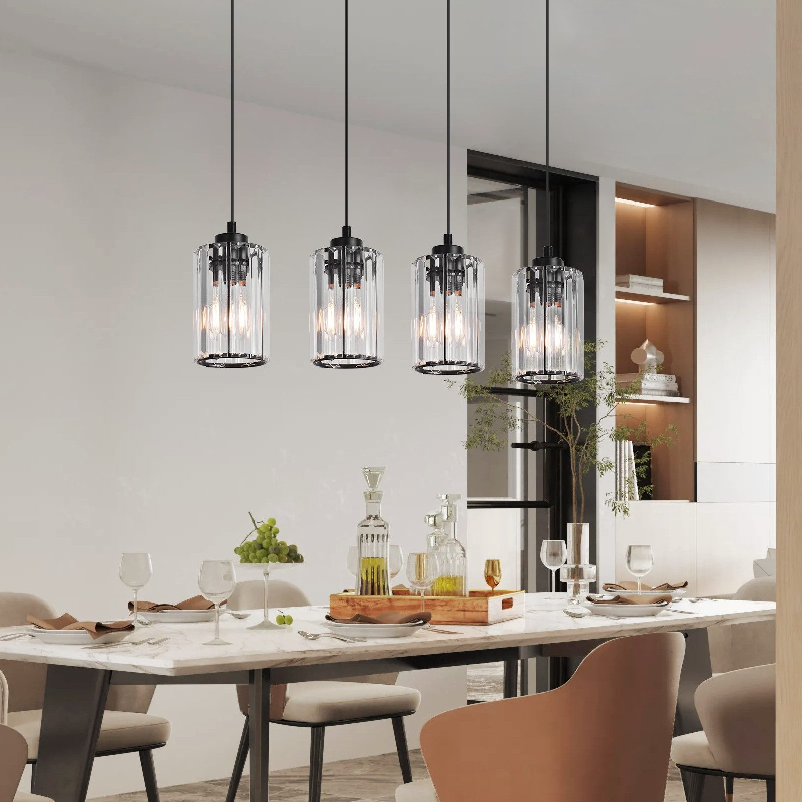 Jadalnia z marmurowym stołem, lampami wiszącymi i kredensem.