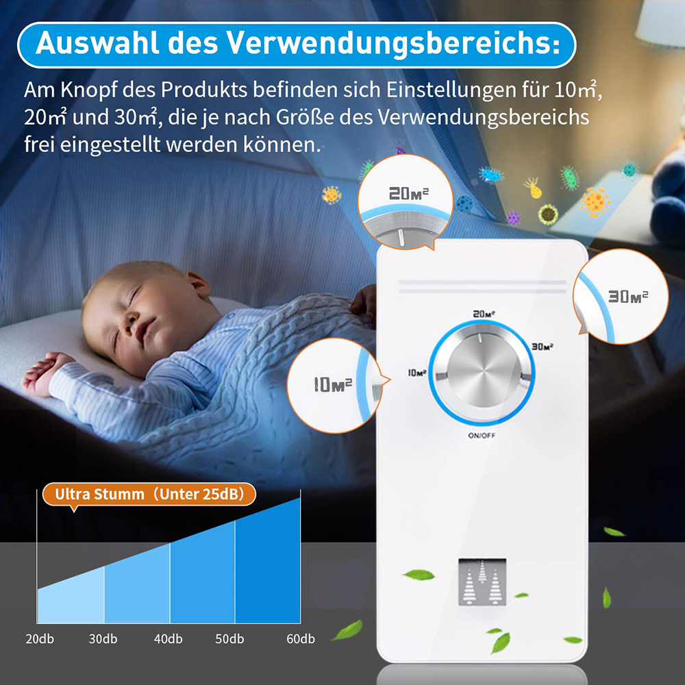 Ein Baby schläft auf einem Bett mit einem Luftreiniger und Diagrammen mit Bereichseinstellungen.