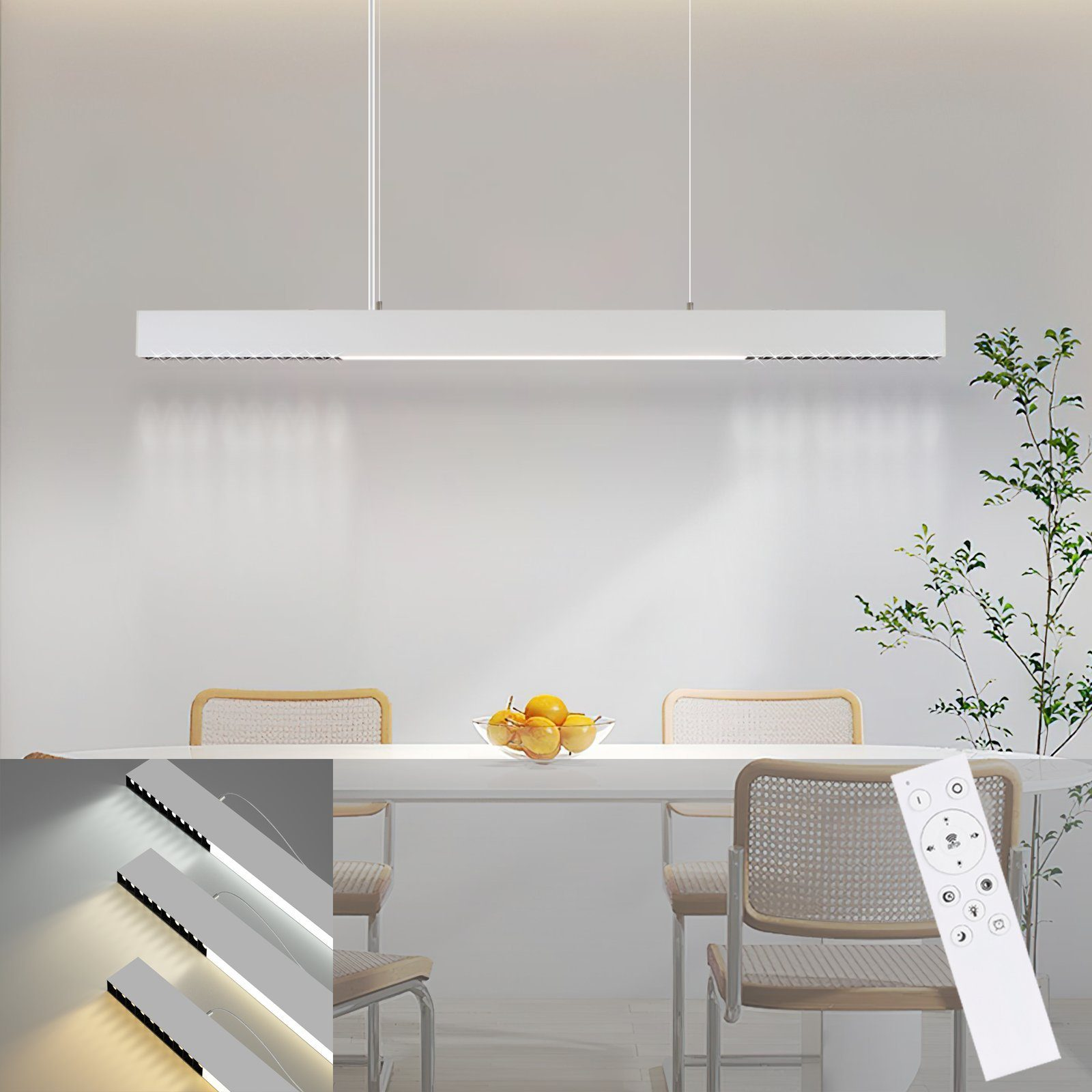 Una lámpara colgante LED blanca y rectangular colgando sobre una mesa con sillas. Hay un mando a distancia.