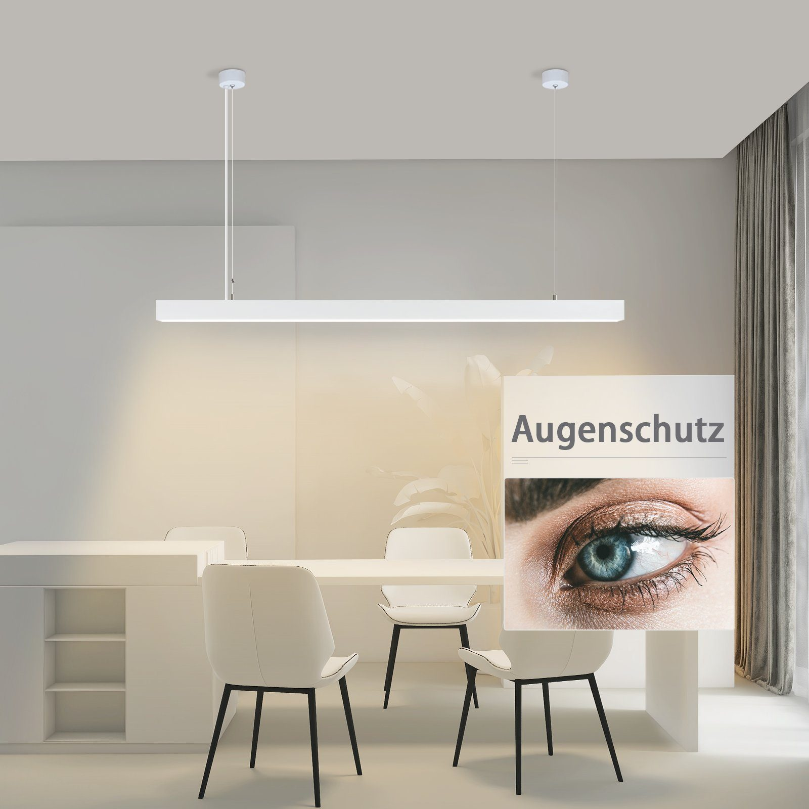 Ein modernes Esszimmer mit weißen Möbeln, einer weißen Deckenleuchte und einem Augenschutz-Label.
