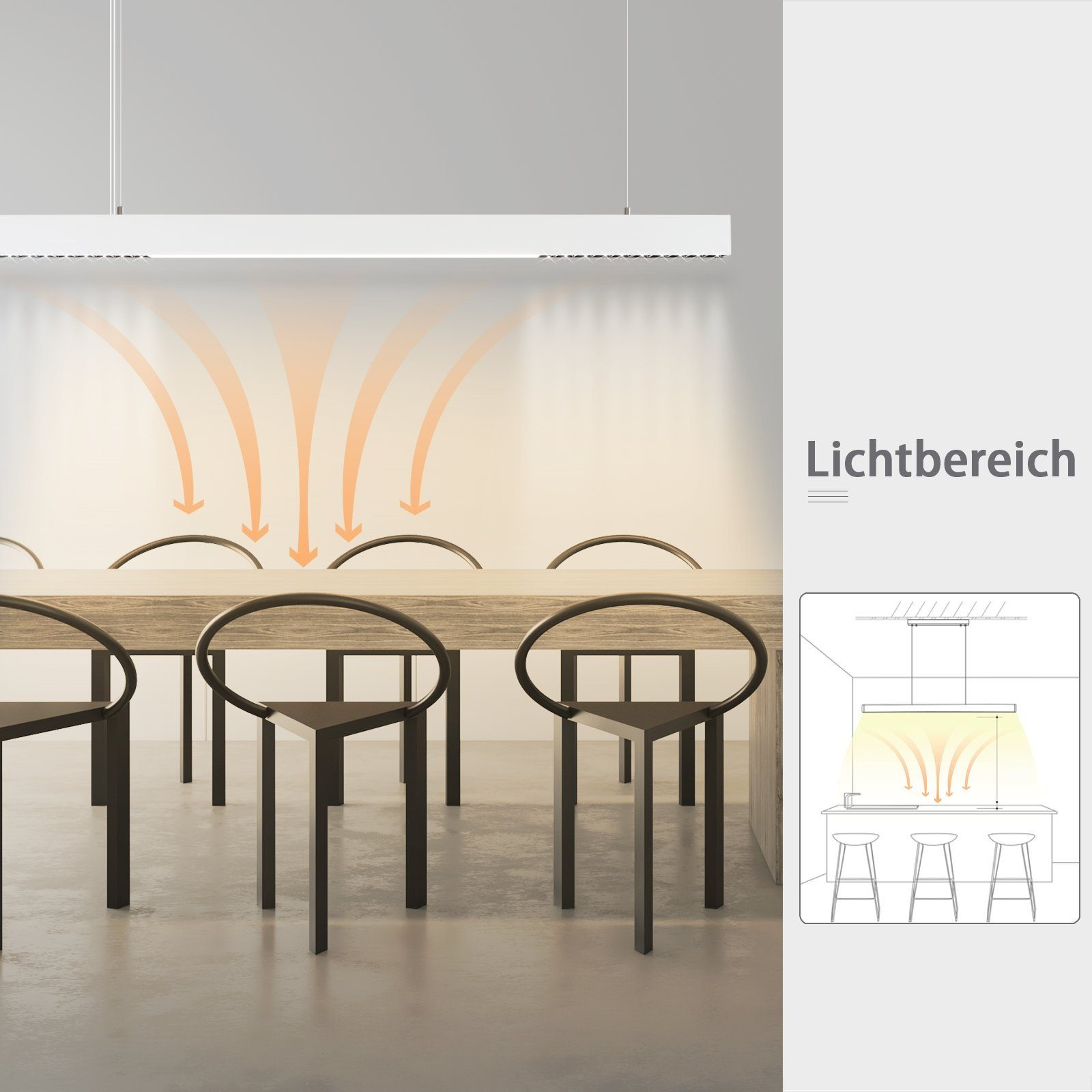Esszimmer mit einem langen Holztisch und schwarzen Stühlen. Deckenleuchten sind sichtbar.