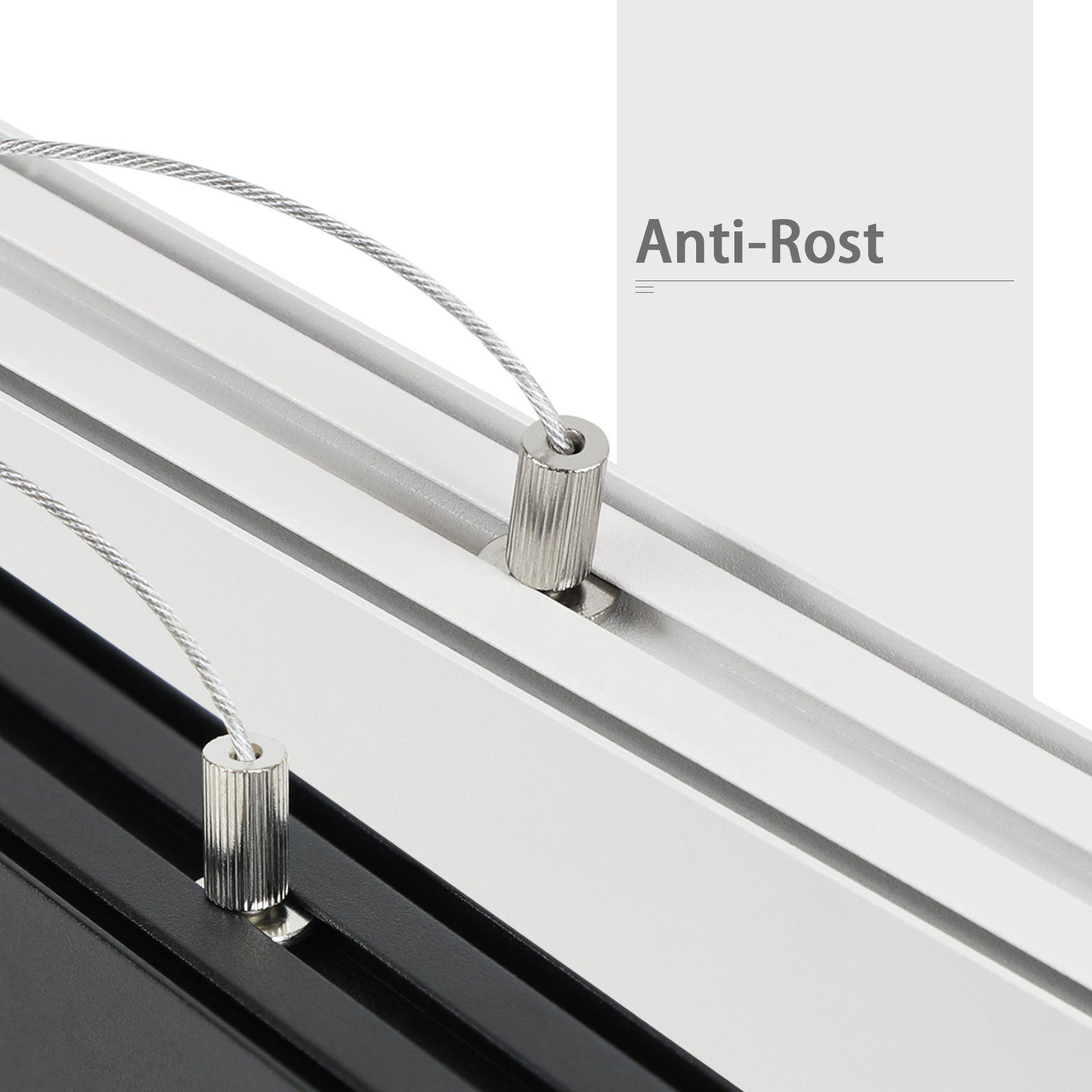 Nahaufnahme von Metallstäben mit Draht und dem Text 'Anti-Rost'. Die Stäbe sind schwarz und weiß.