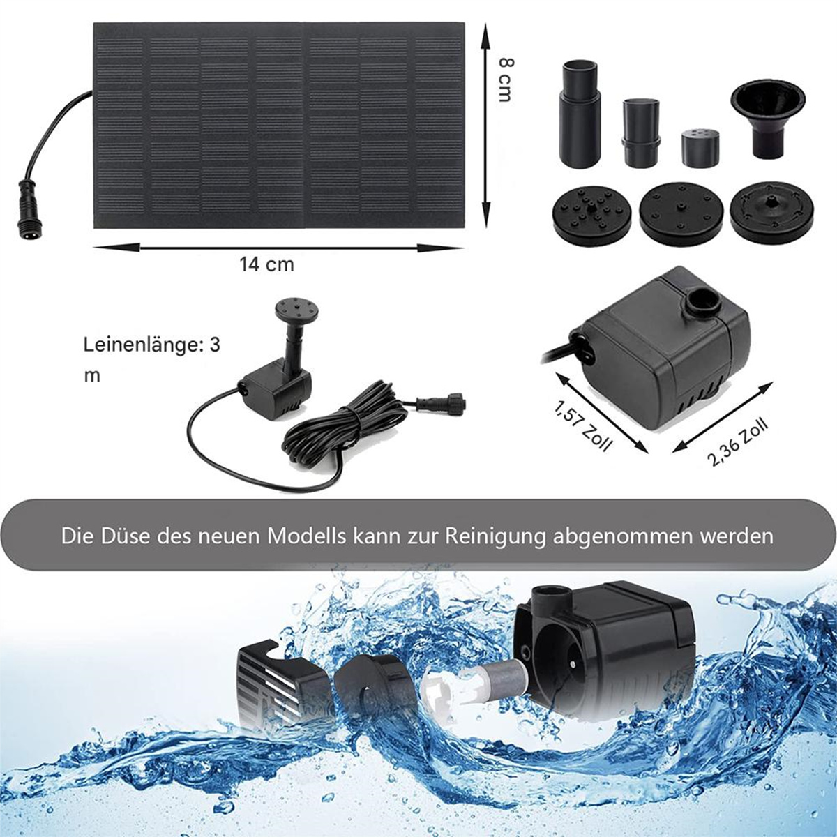 Solarpanel mit Zubehör für den Springbrunnen und Maße: 14 cm x 8 cm, 3 m Schlauch, 1,57 Zoll x 2,36 Zoll.