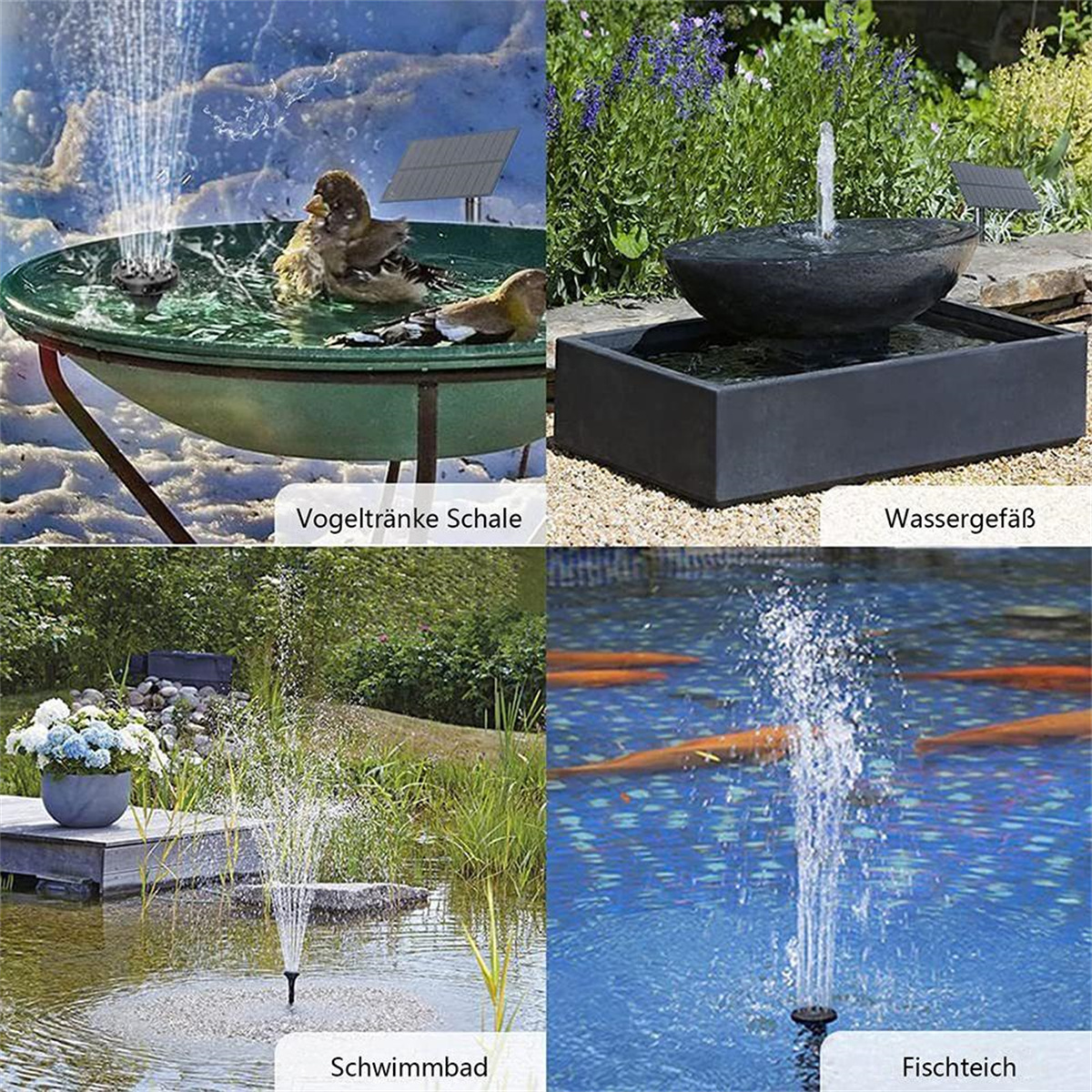 Eine Collage von Springbrunnen mit verschiedenen Designs, einige mit Wasser und andere mit Fischen.