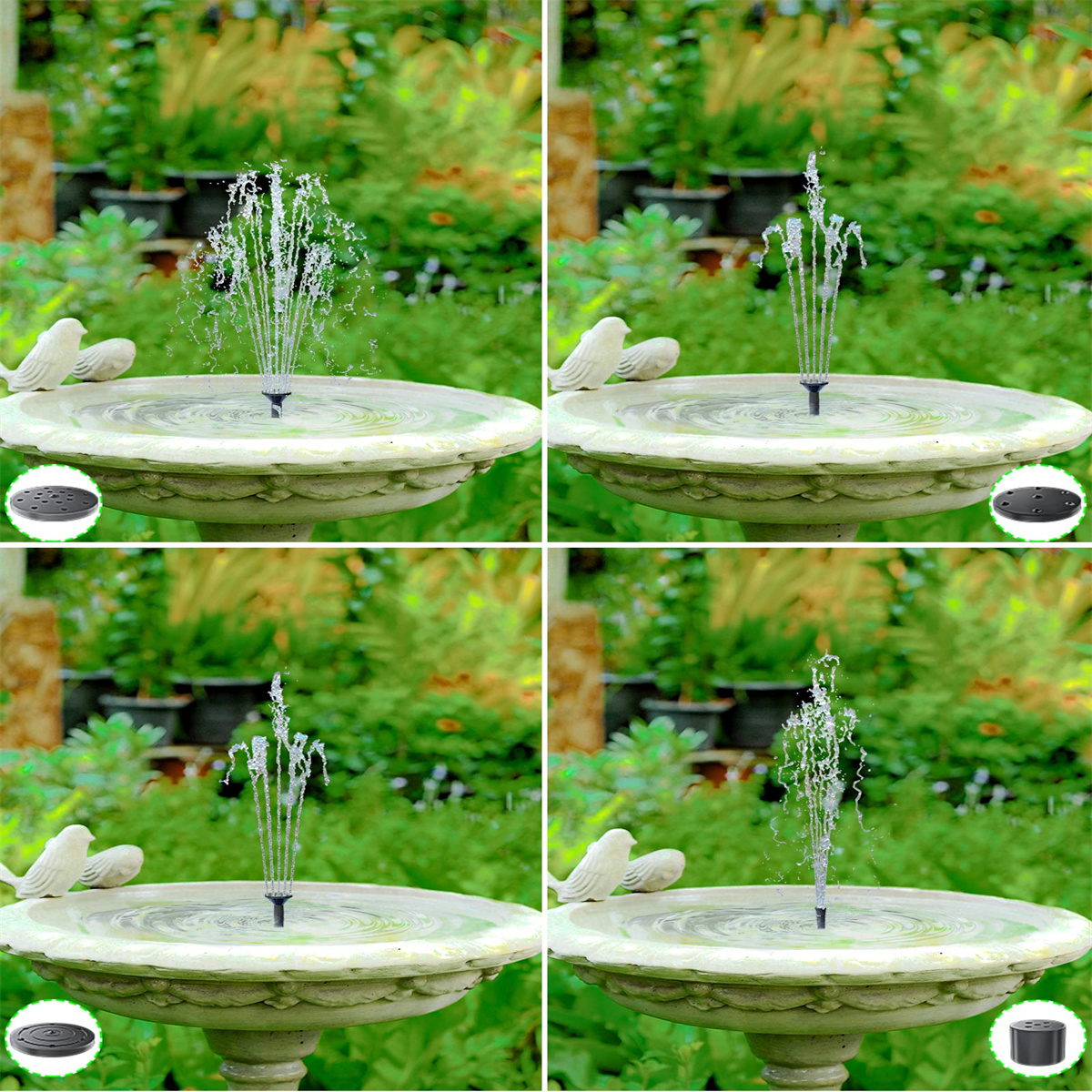 Viergeteiltes Bild eines Springbrunnens mit Wasserstrahlen im Garten.