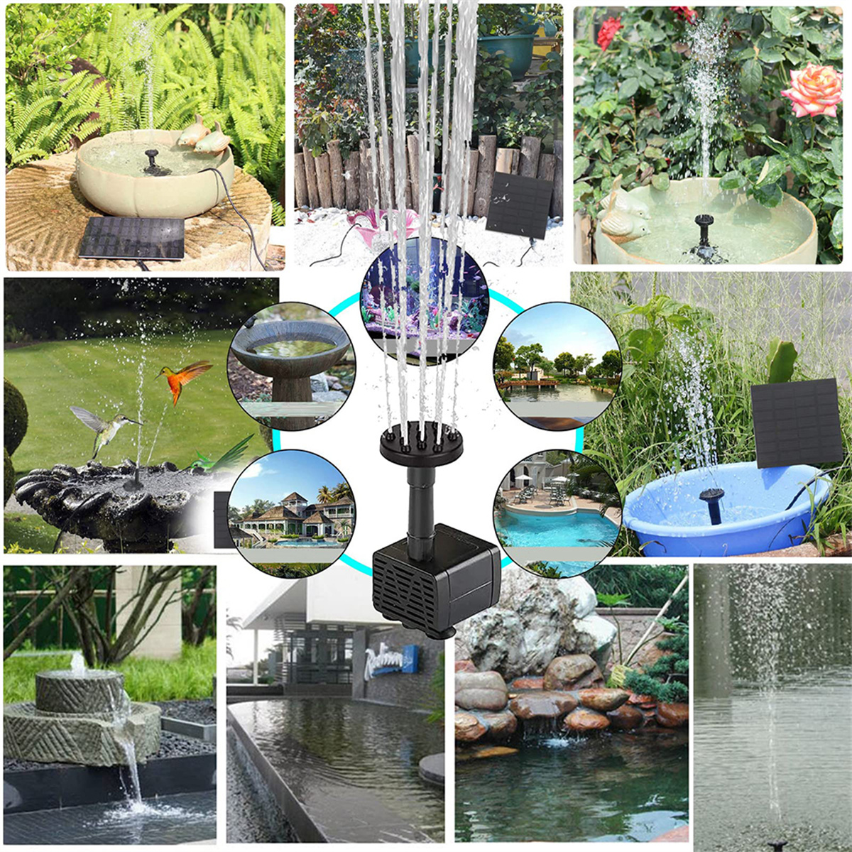 Verschiedene Springbrunnen in unterschiedlichen Umgebungen, mit Wasserstrahlen.