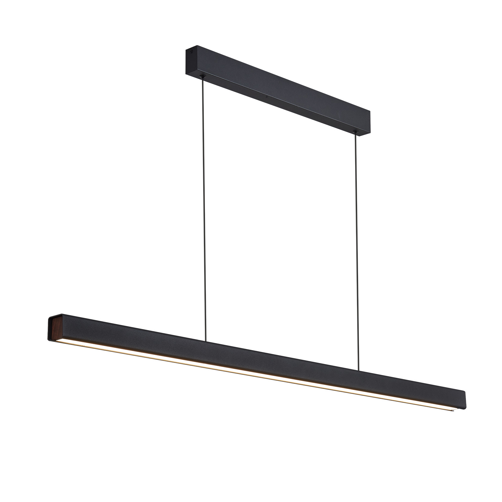 Czarna prostokątna lampa wisząca LED, zawieszona na przewodach.