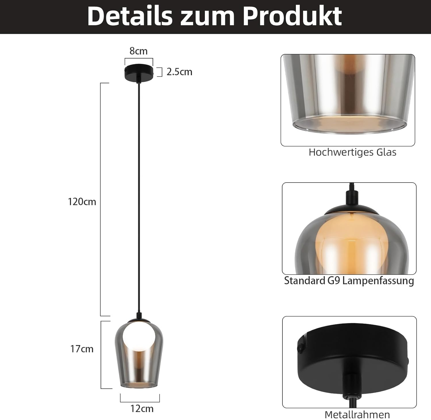 Szczegółowy widok lampy wiszącej z wymiarami i szczegółami części.