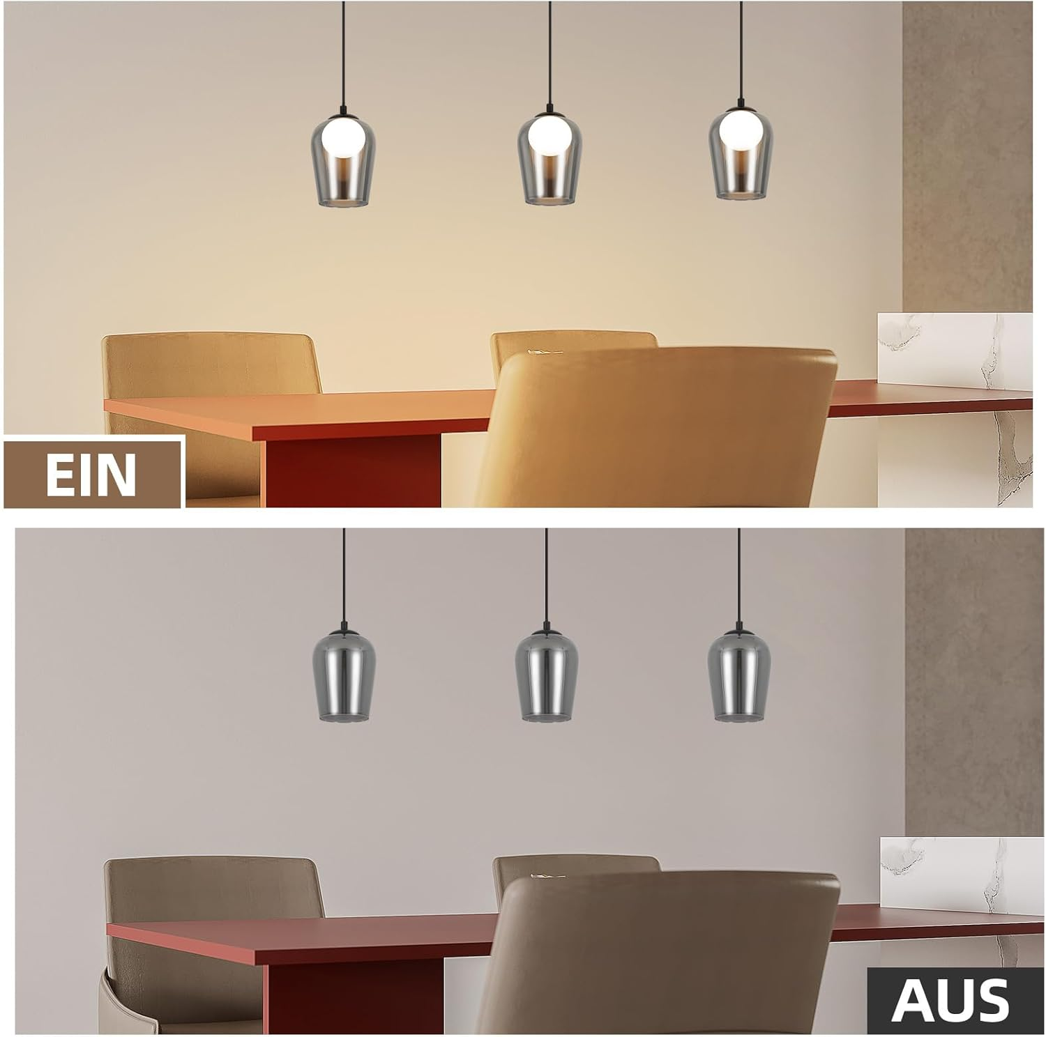 Stół z lampami wiszącymi, włączonymi i wyłączonymi. Widoczny jest czerwony stół i beżowe krzesła.