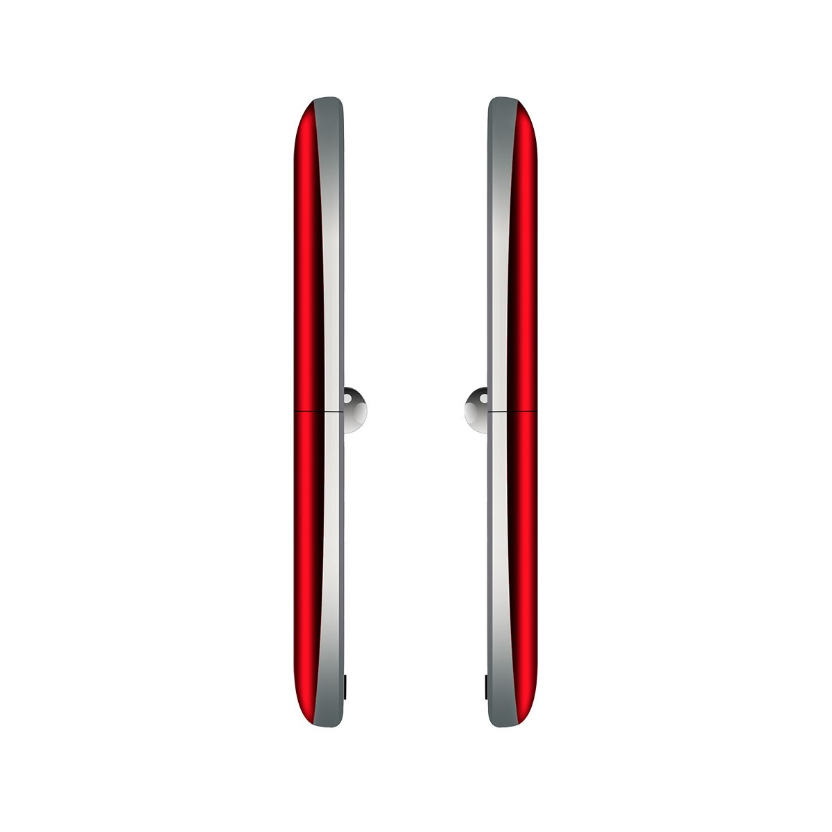 Dwa czerwone i srebrne uchwyty do drzwi lodówki na białym tle.