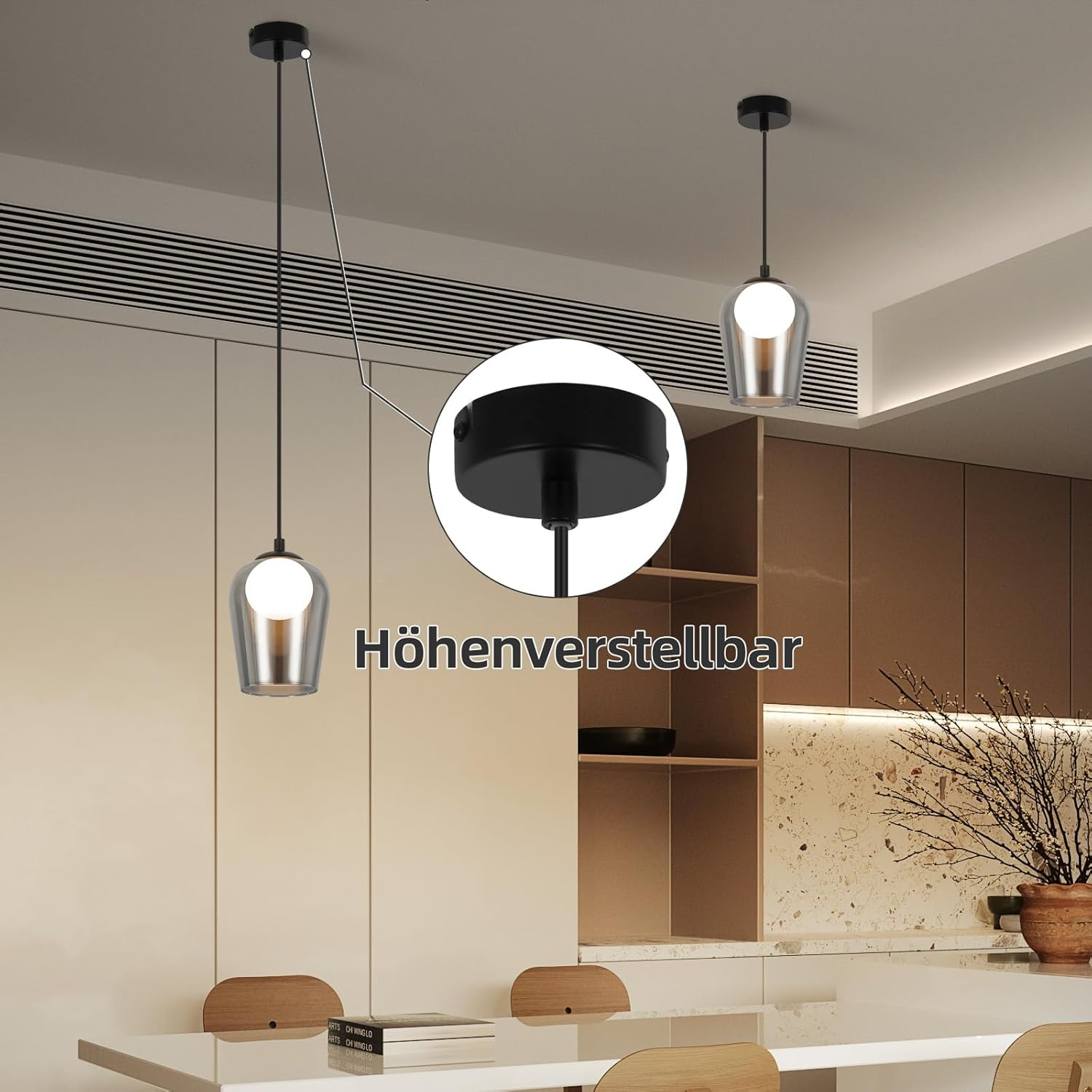 Dwie lampy wiszące zwisające z sufitu. Jedna jest podświetlona okręgiem.