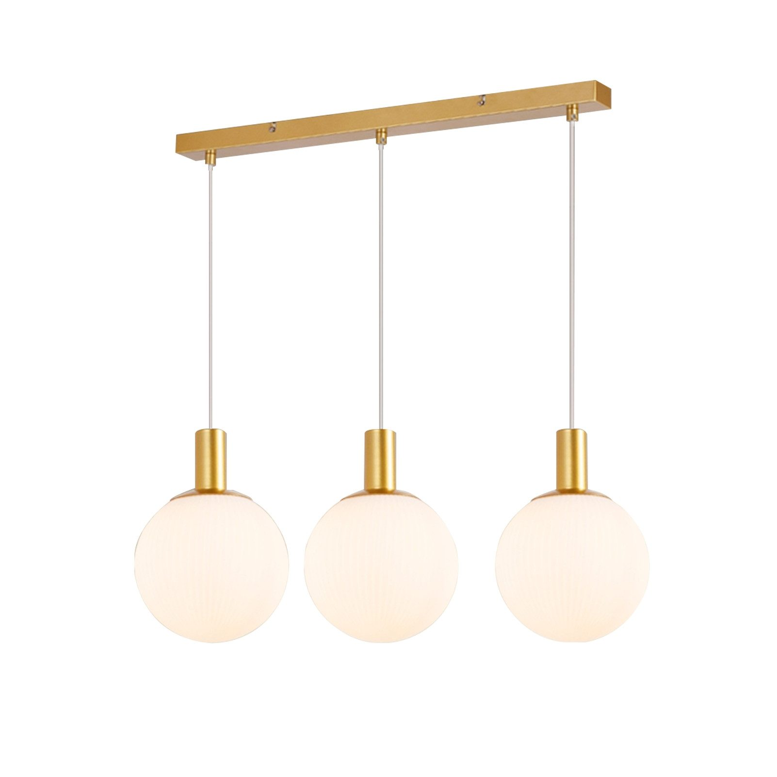 Drei Pendelleuchten mit kugelförmigen Glasschirmen und einem goldenen Balken.